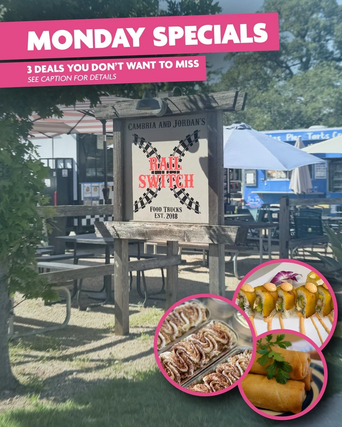 Mondays at Rail Switch Food Truck Park just turned into your weekly excuse to show up hungry.

Three food trucks. Three different deals. One easy way to start the week right:

🥢 @gotjis_kitchen &mdash; BOGO veggie egg rolls
🍣 @fast.erbryansushi &md