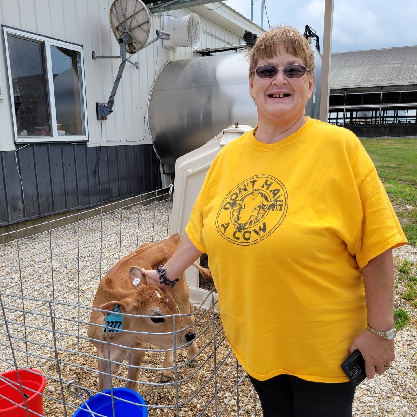 We had two winners of the Name the Calf Contest.  Here is Christine with &quot;Fawn&quot; for their pic together.  They became fast friends. Thanks Christine!  Love the shirt!
@dairymonth
@namethecalf