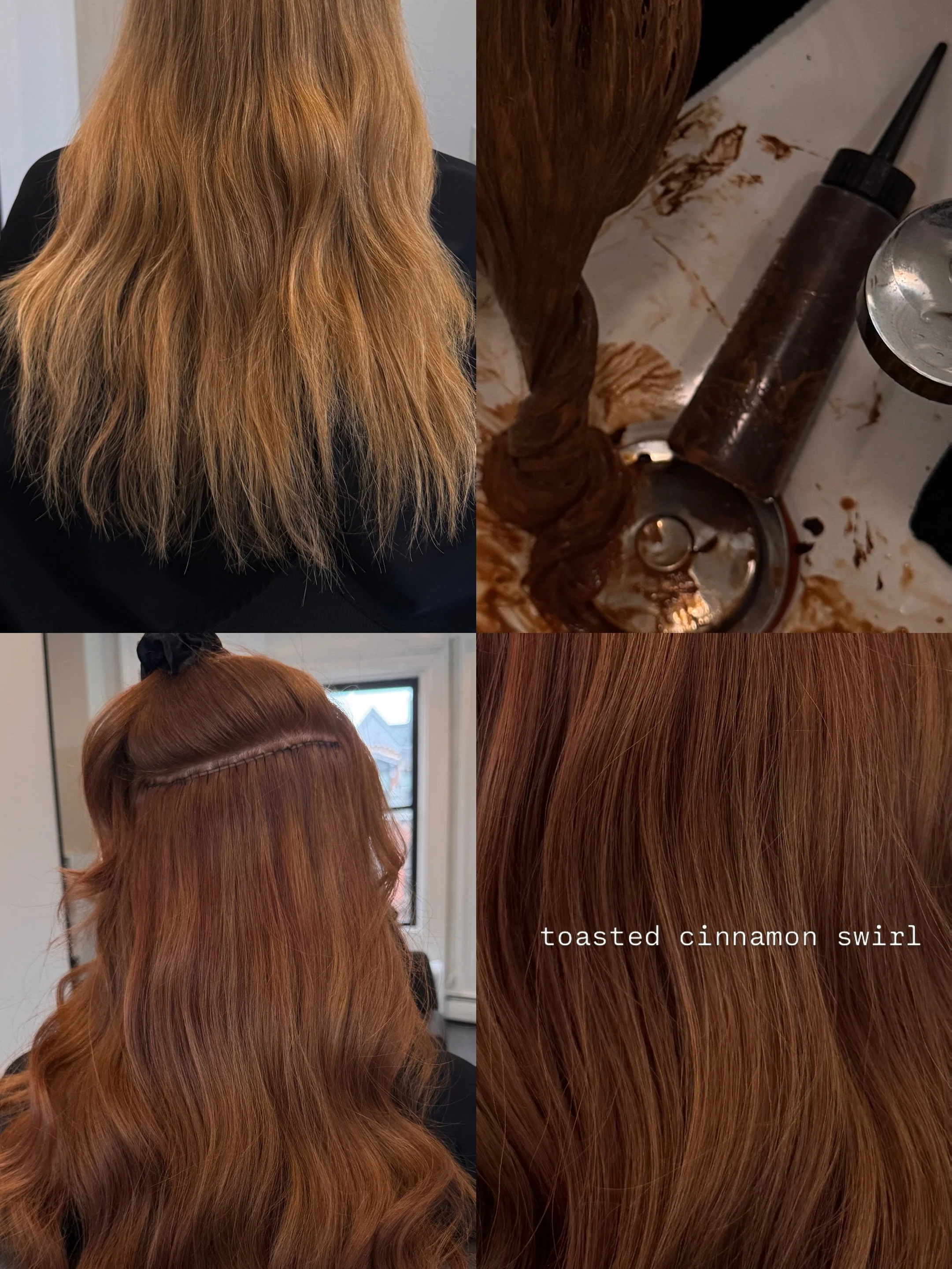 Toasted cinnamon swirl for Sarah, with two rows of IBE 🤍 

CLIENTS: ask for a natural and muted cinnamon, NOT red or orange. Her extensions add volume and length and she is wearing two rows of naturally wavy extensions that are blow dried smooth and