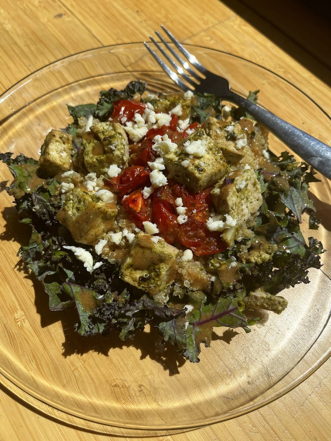 Harvest Kale Salad with Pesto Roasted Tofu