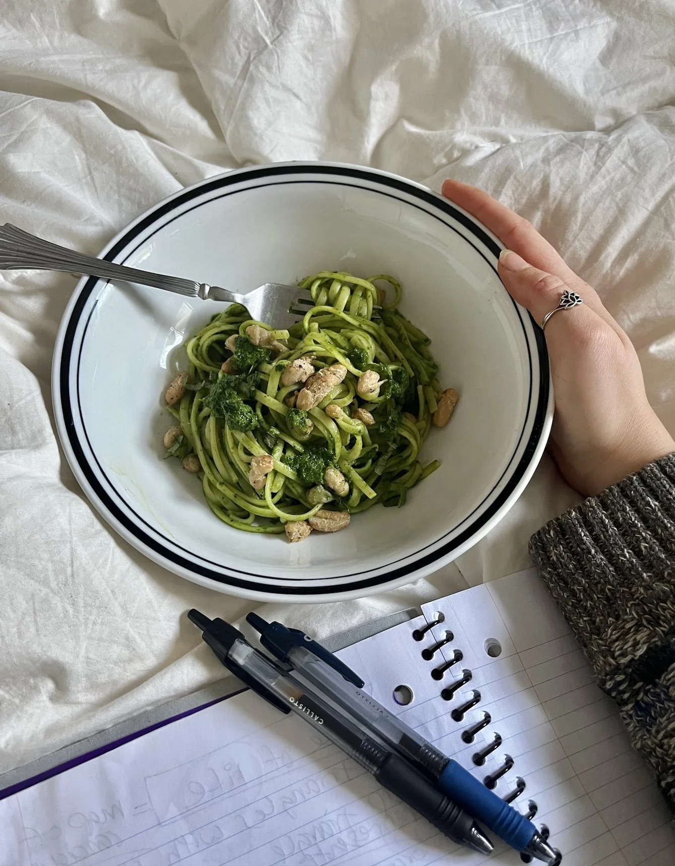 Pasta with Kale Pesto and Crispy Garlic Beans