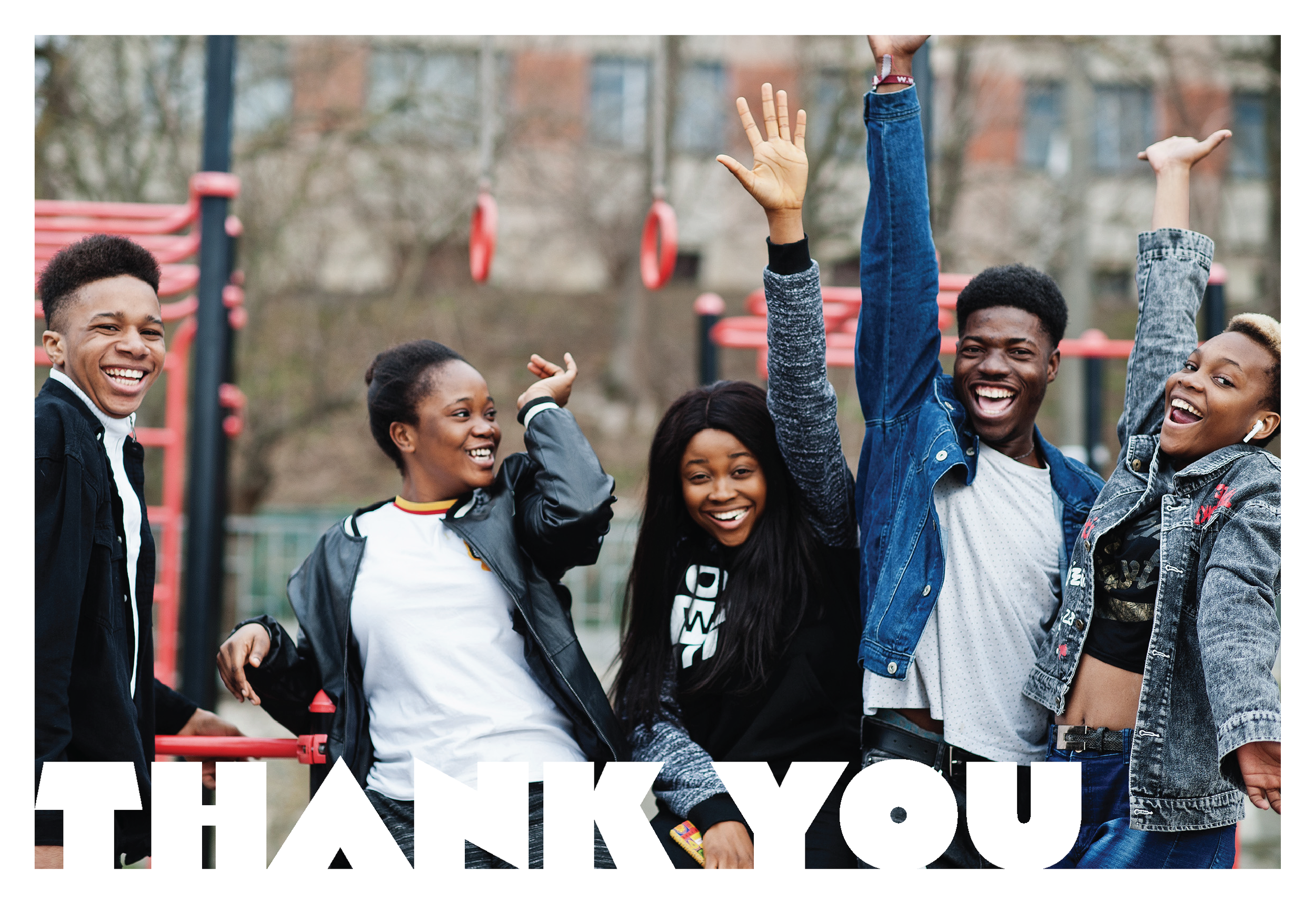 A group of diverse young people smiling and raising their hands in a park with playground equipment in the background. Text overlay reads "THANK YOU".