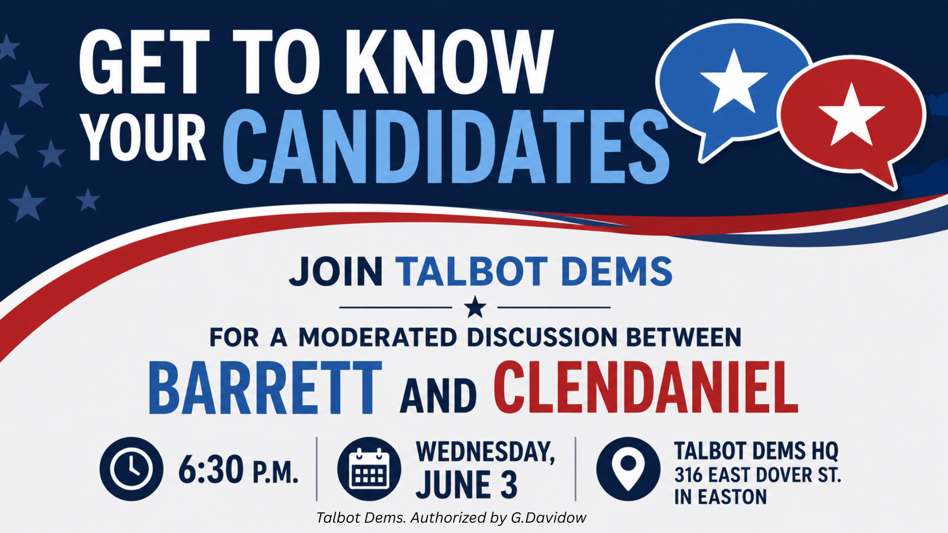 Join Talbot Dems for a moderated discussion between Barrett and Clendaniel 