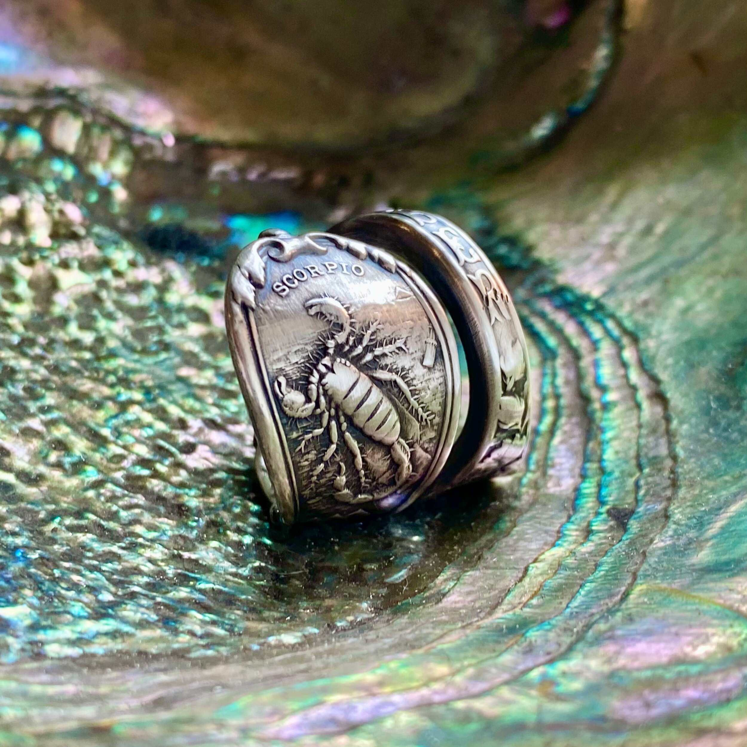 Large 1894 Scorpio Zodiac Sterling Spoon Ring - LadyForge Jewelry
