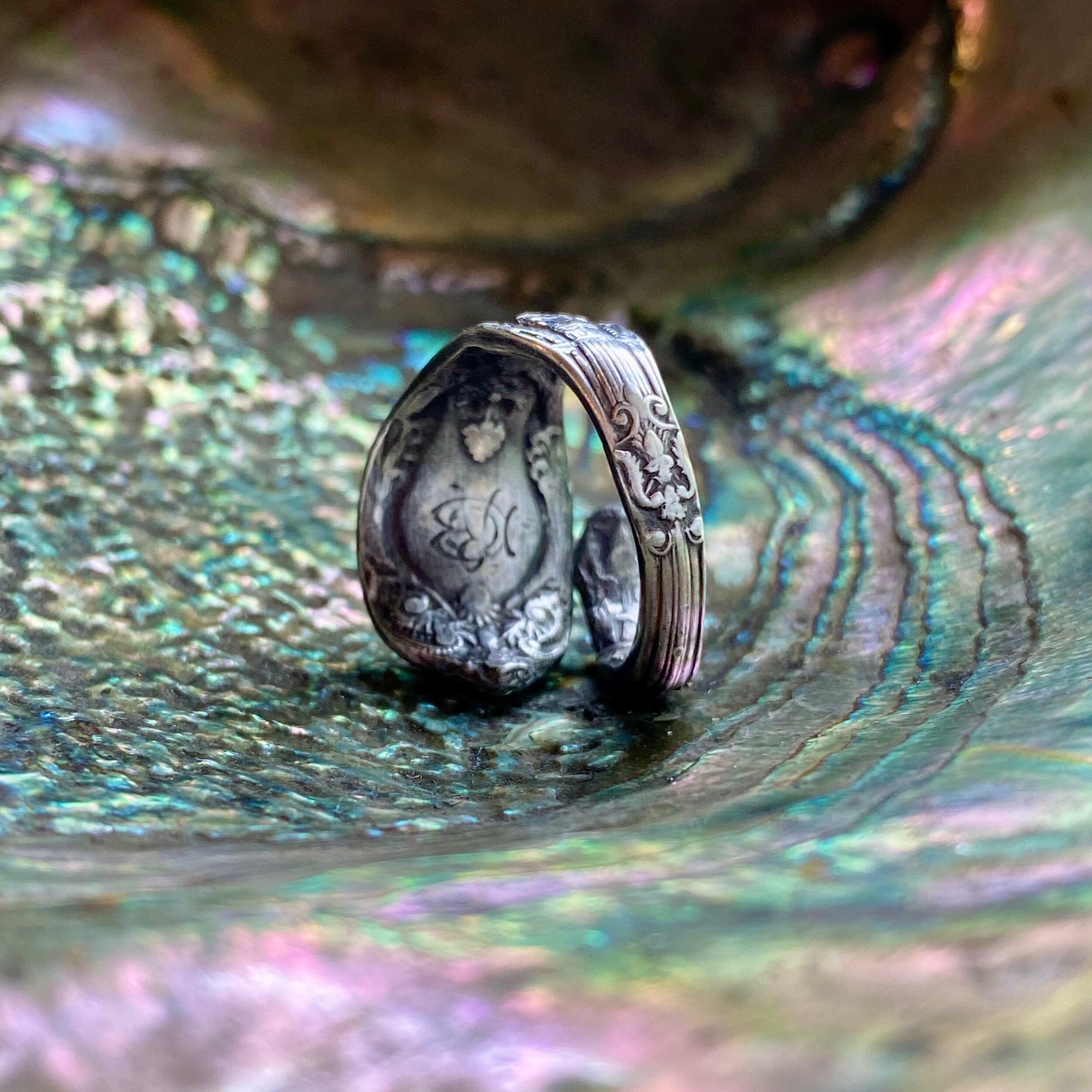 Dainty 1895 Mythologique Aeneas & Anchises Sterling Spoon Ring - LadyForge Jewelry