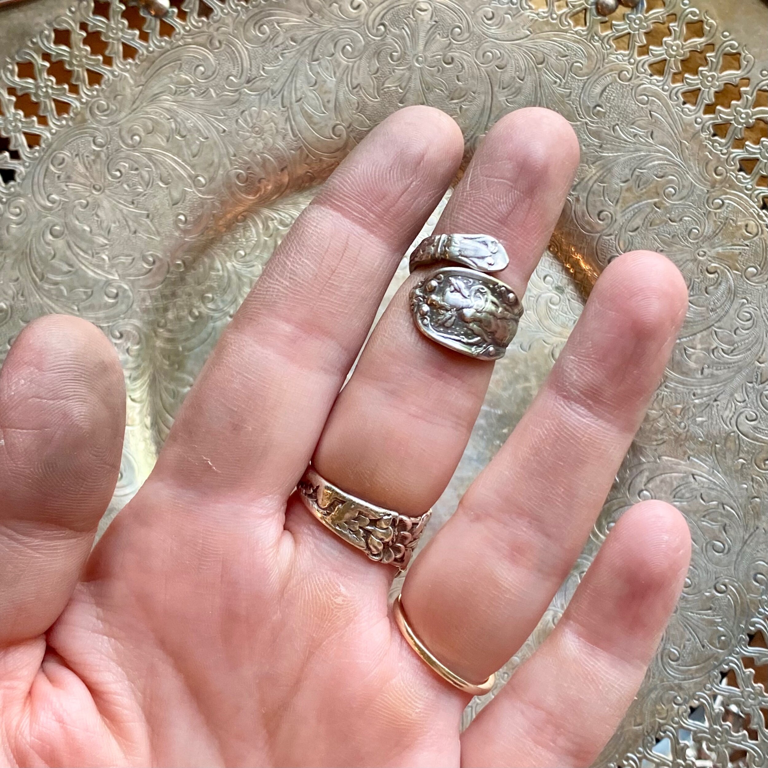 Dainty 1895 Mythologique Aeneas & Anchises Sterling Spoon Ring - LadyForge Jewelry