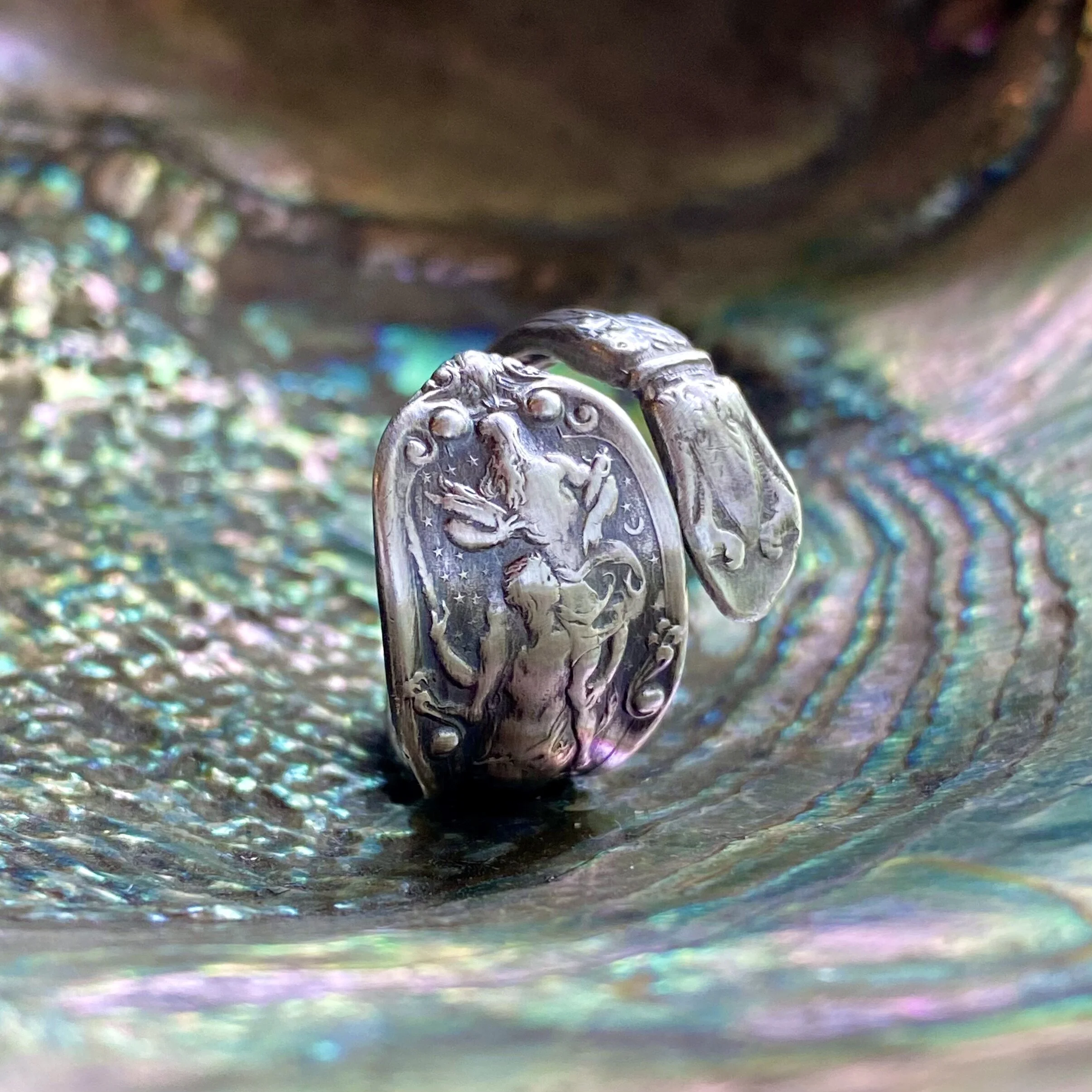 Dainty 1895 Mythologique Aeneas & Anchises Sterling Spoon Ring - LadyForge Jewelry