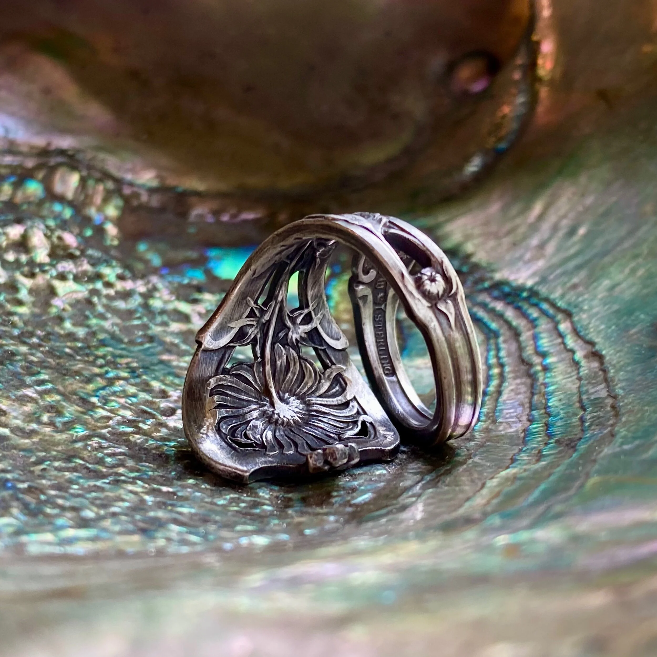 (For Kristie) 1910 Chrysanthemum Sterling Spoon Ring - LadyForge Jewelry