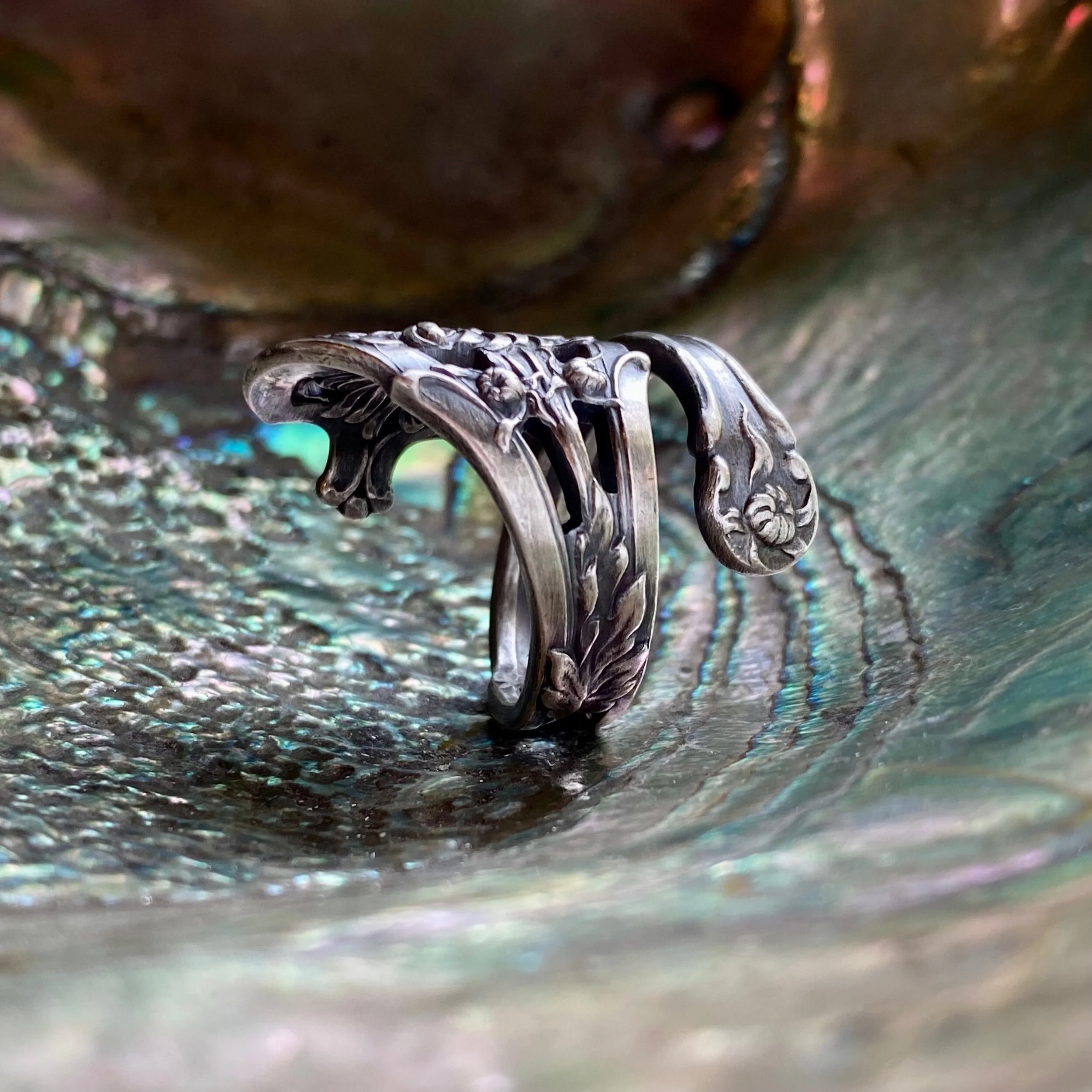 (For Kristie) 1910 Chrysanthemum Sterling Spoon Ring - LadyForge Jewelry