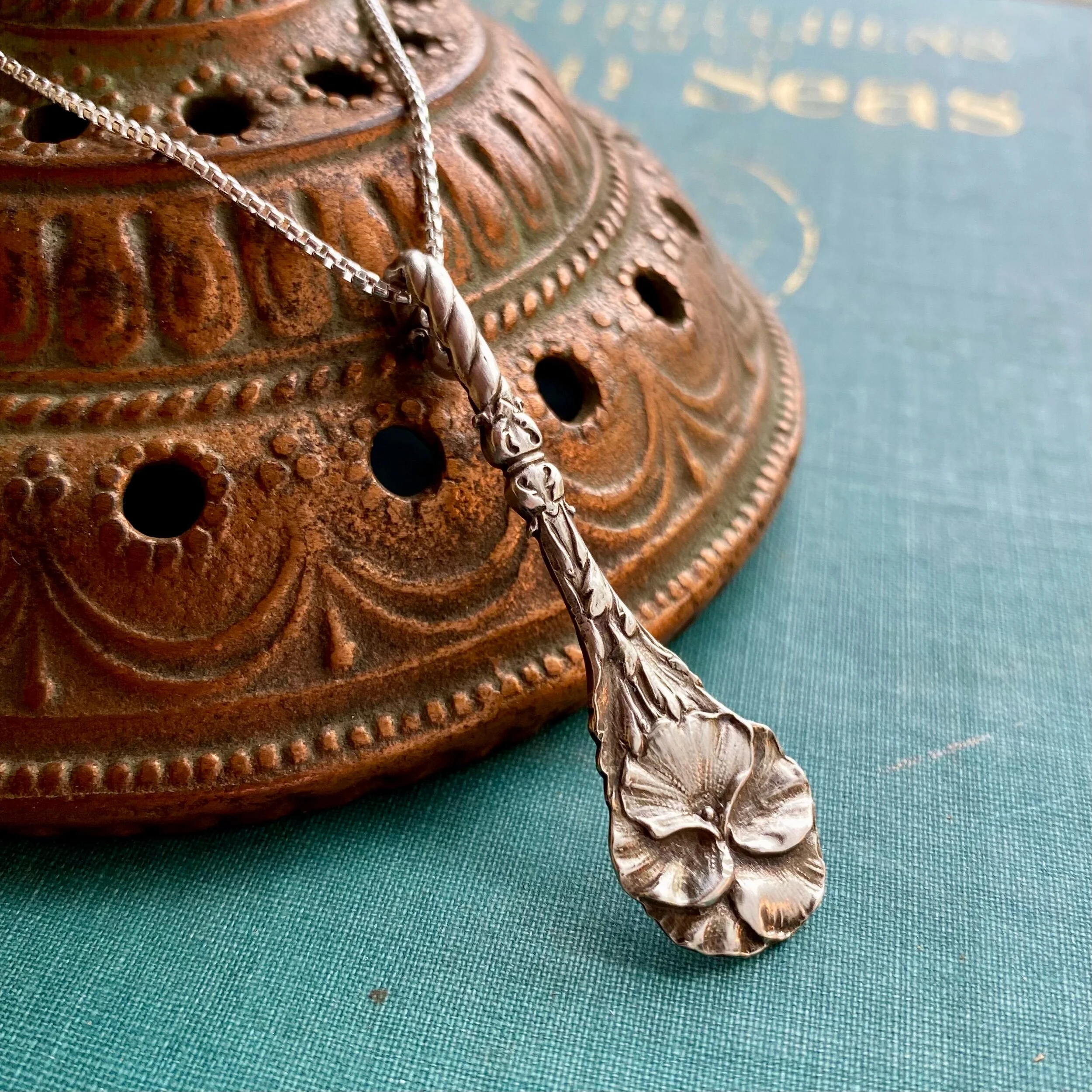 Harlequin Pansy Sterling Spoon Necklace - LadyForge Jewelry