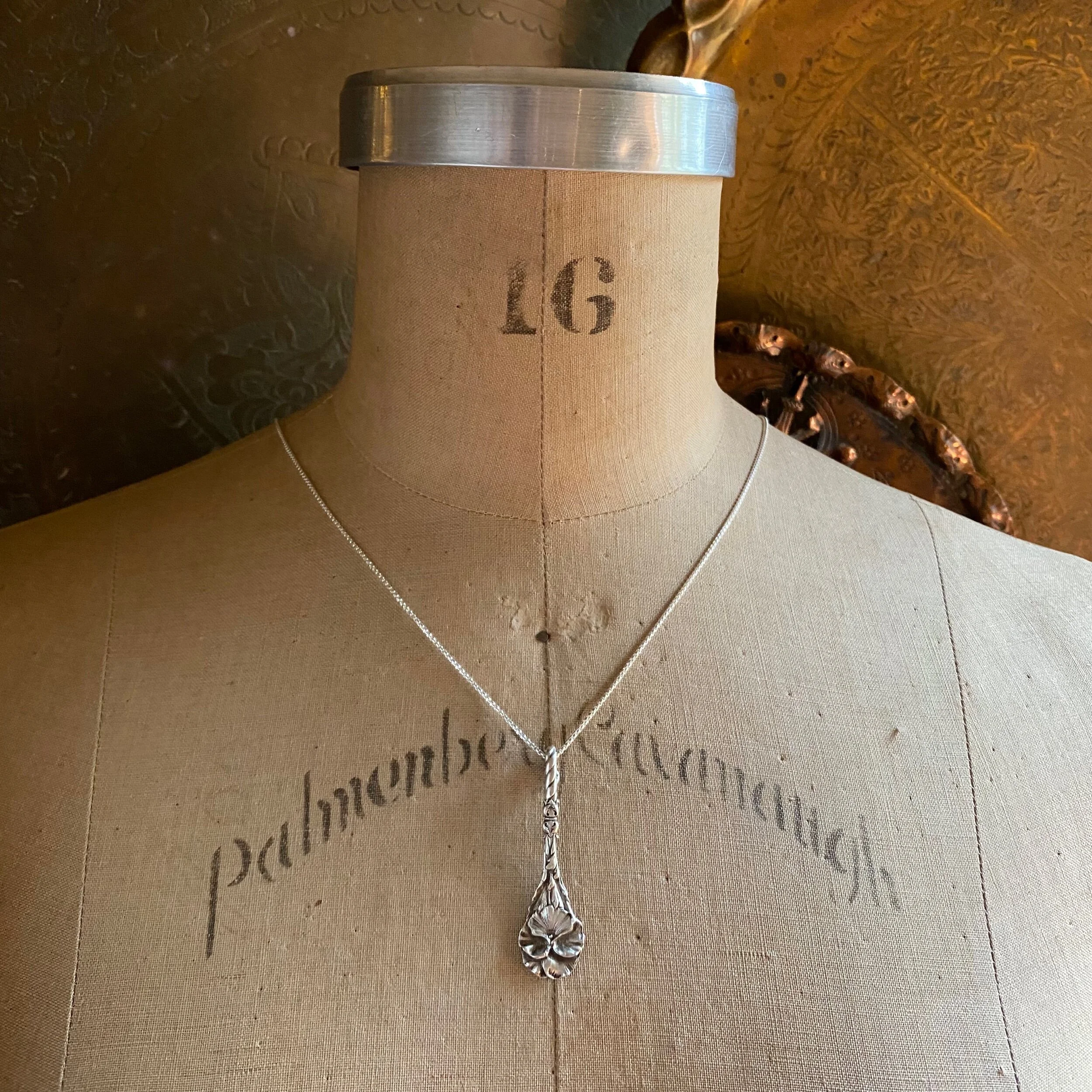 Harlequin Pansy Sterling Spoon Necklace - LadyForge Jewelry