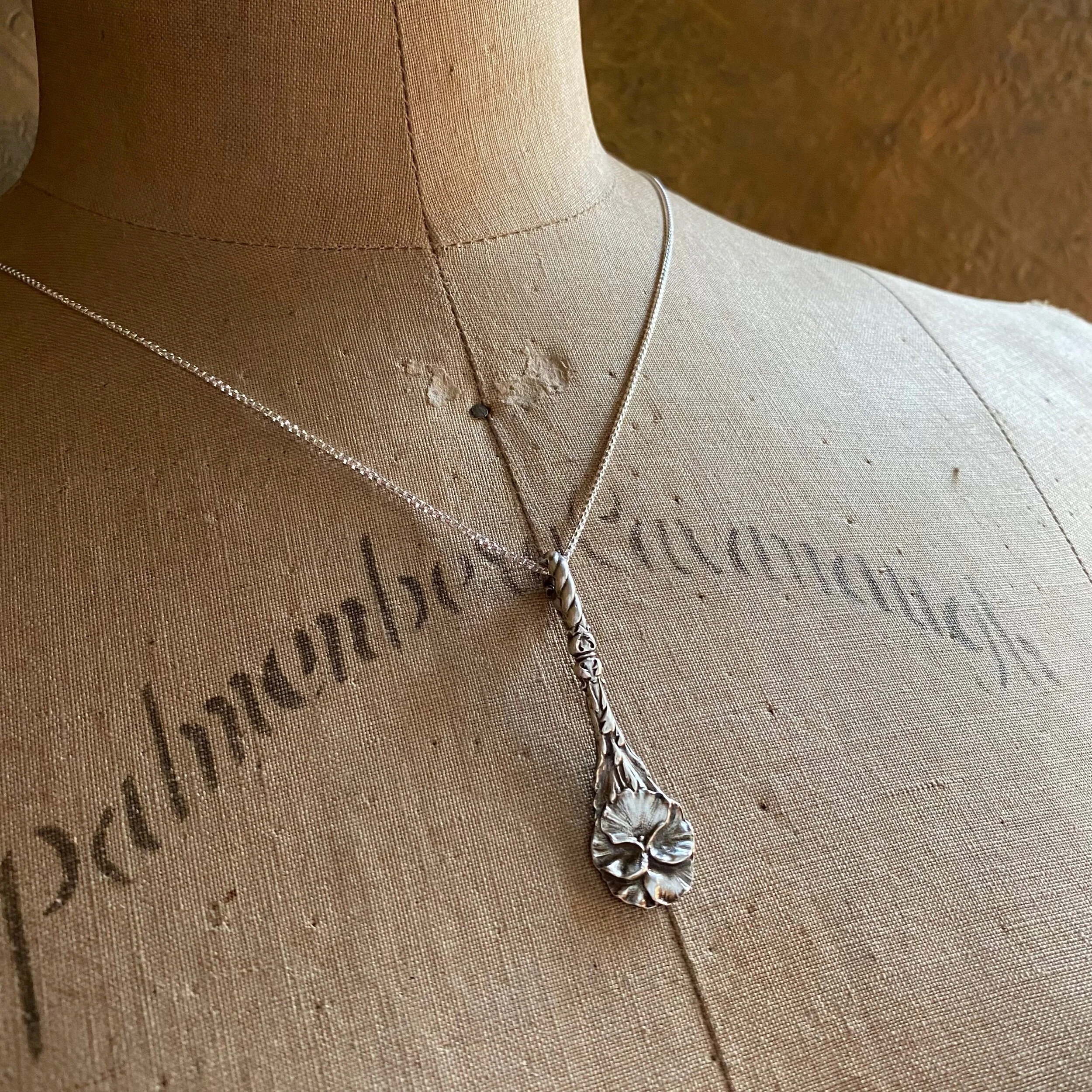 Harlequin Pansy Sterling Spoon Necklace - LadyForge Jewelry
