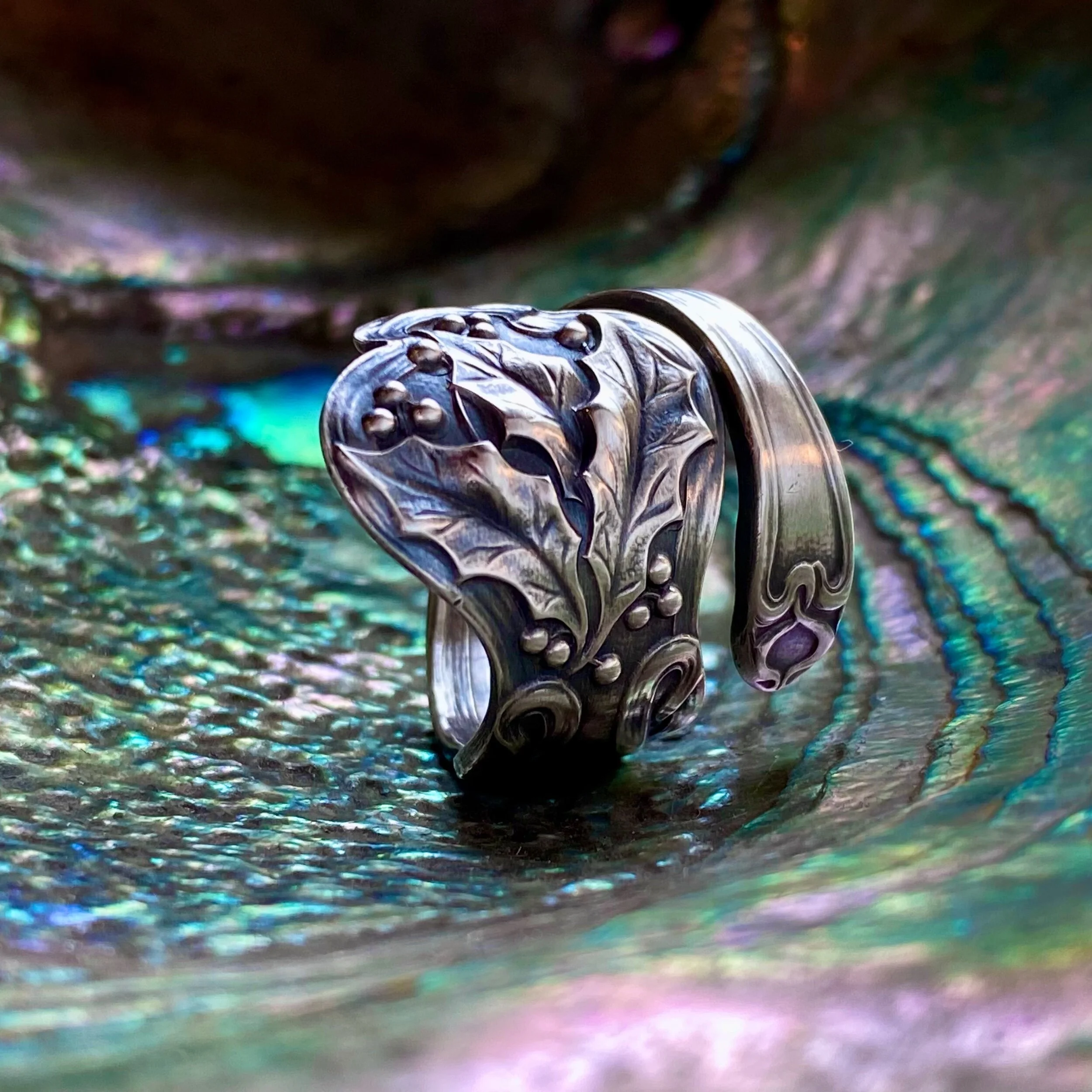 1903 Holly Sterling Spoon Ring - LadyForge Jewelry