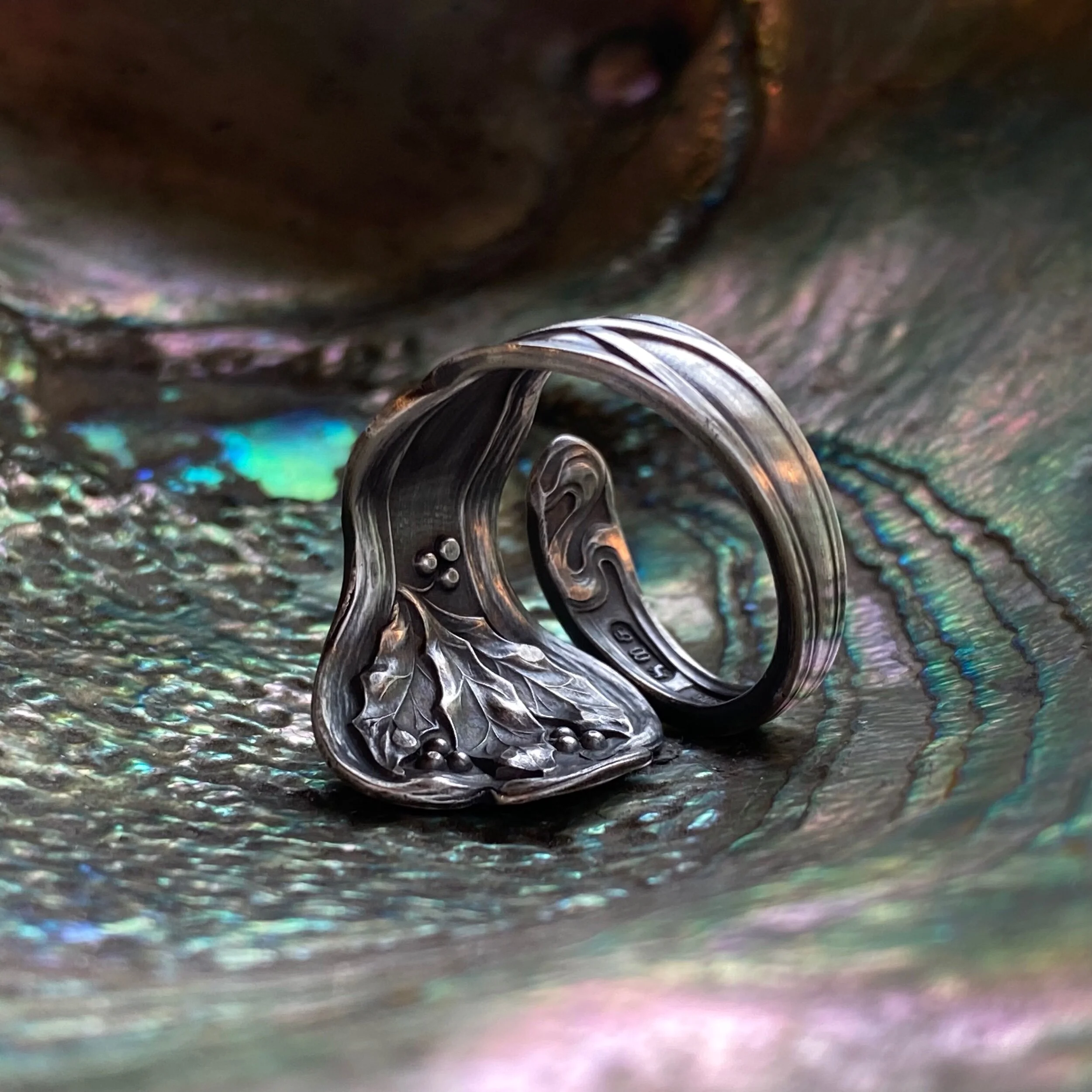 1903 Holly Sterling Spoon Ring - LadyForge Jewelry