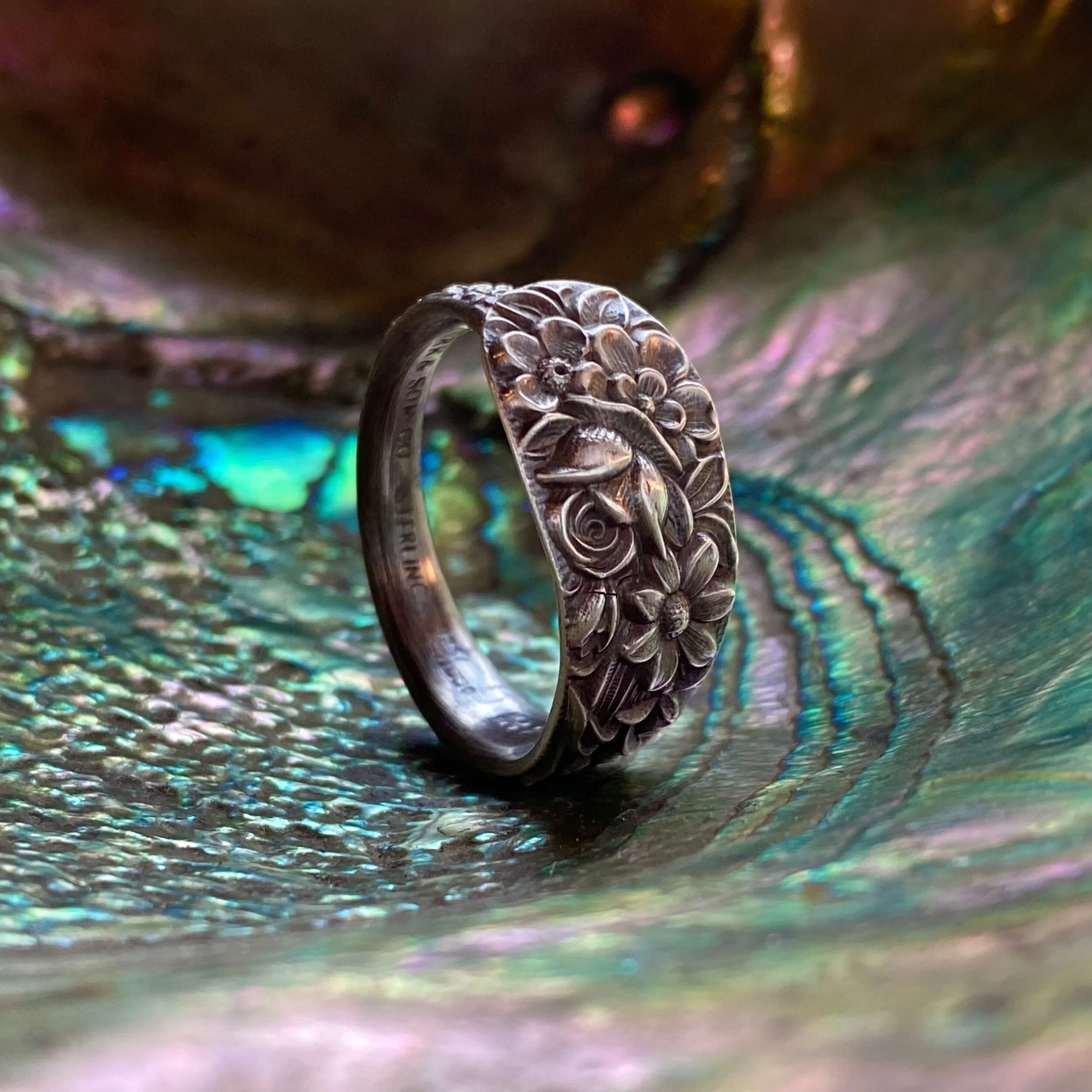 Dainty 1828 Repousse Sterling Spoon Ring - LadyForge Jewelry