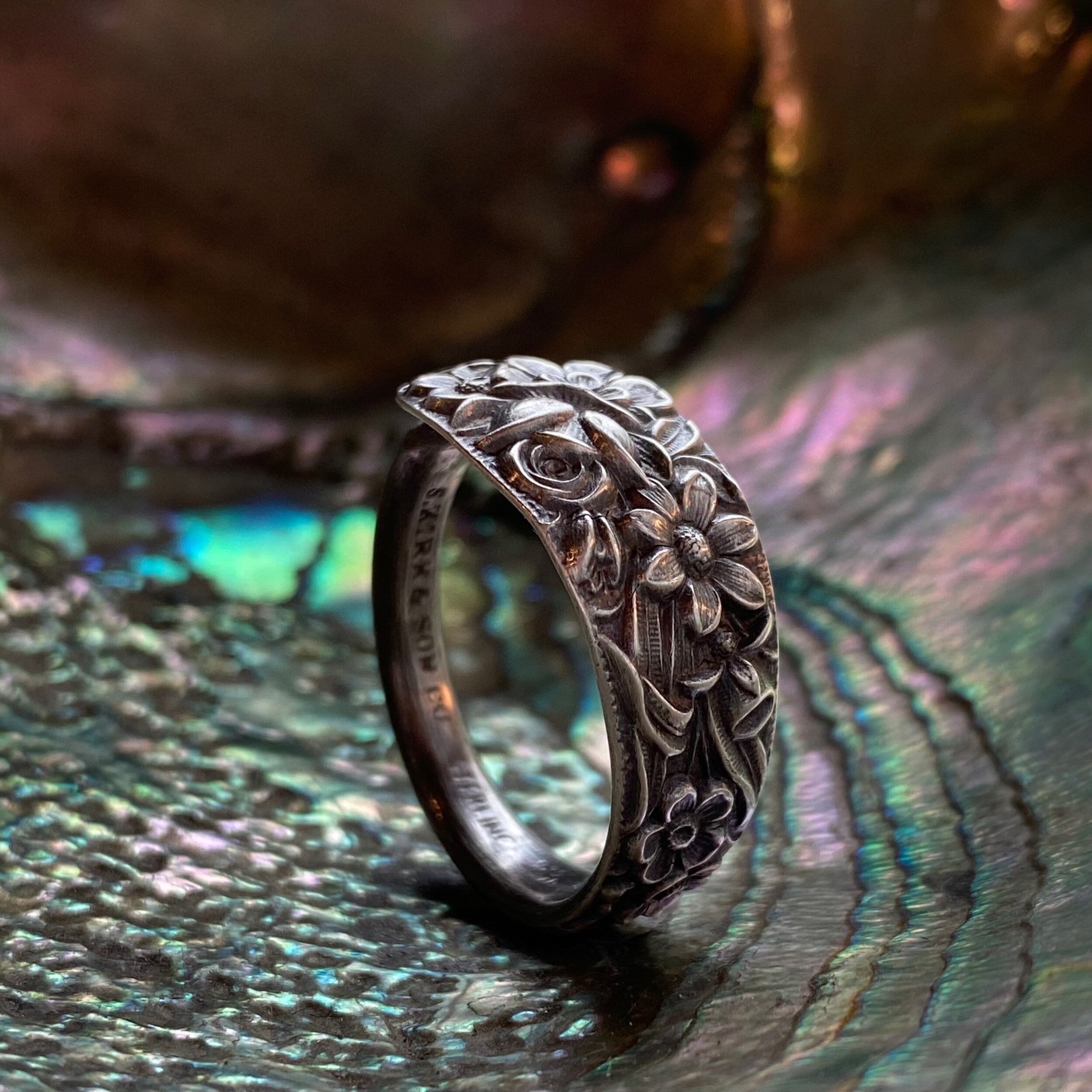 Dainty 1828 Repousse Sterling Spoon Ring - LadyForge Jewelry
