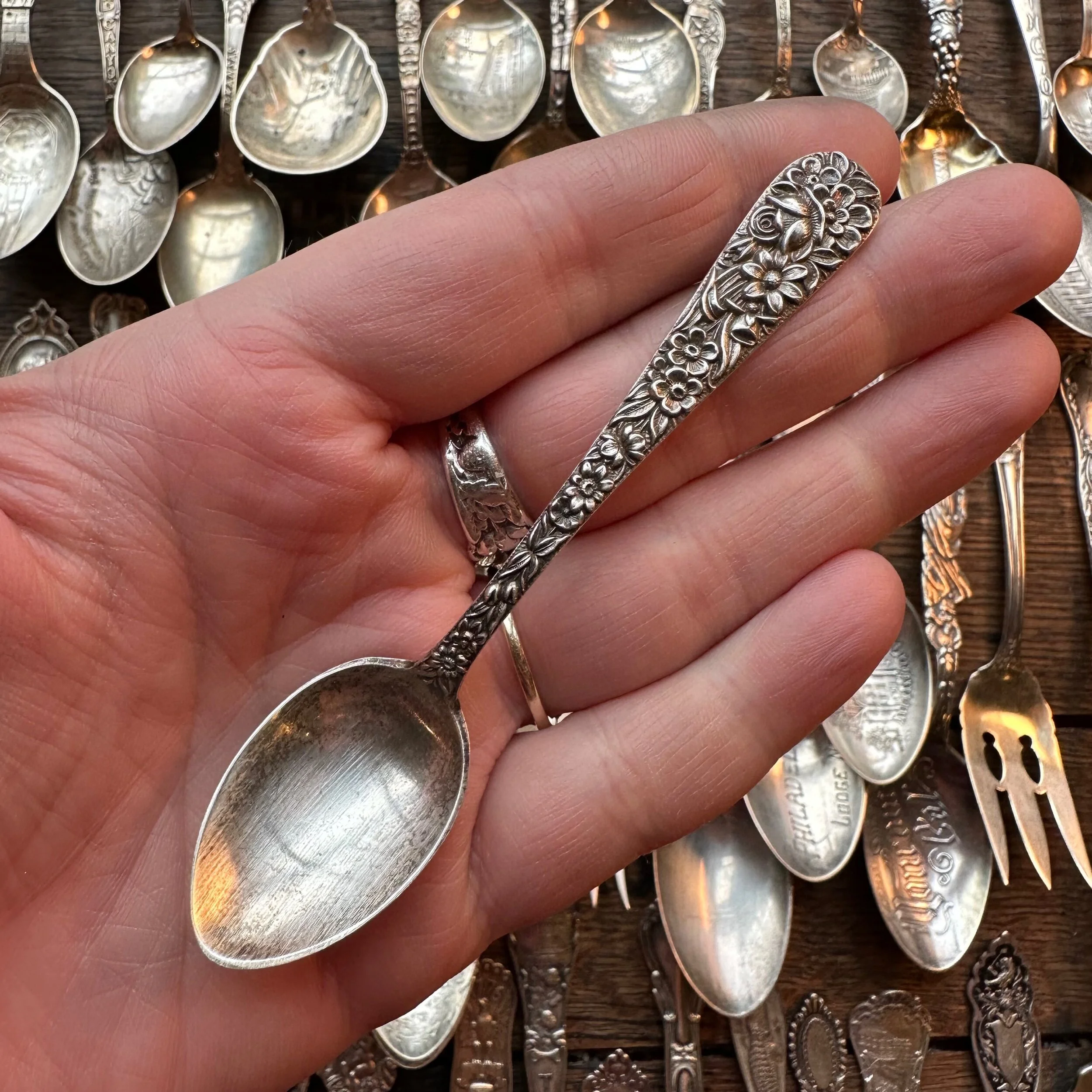 Dainty 1828 Repousse Sterling Spoon Ring - LadyForge Jewelry