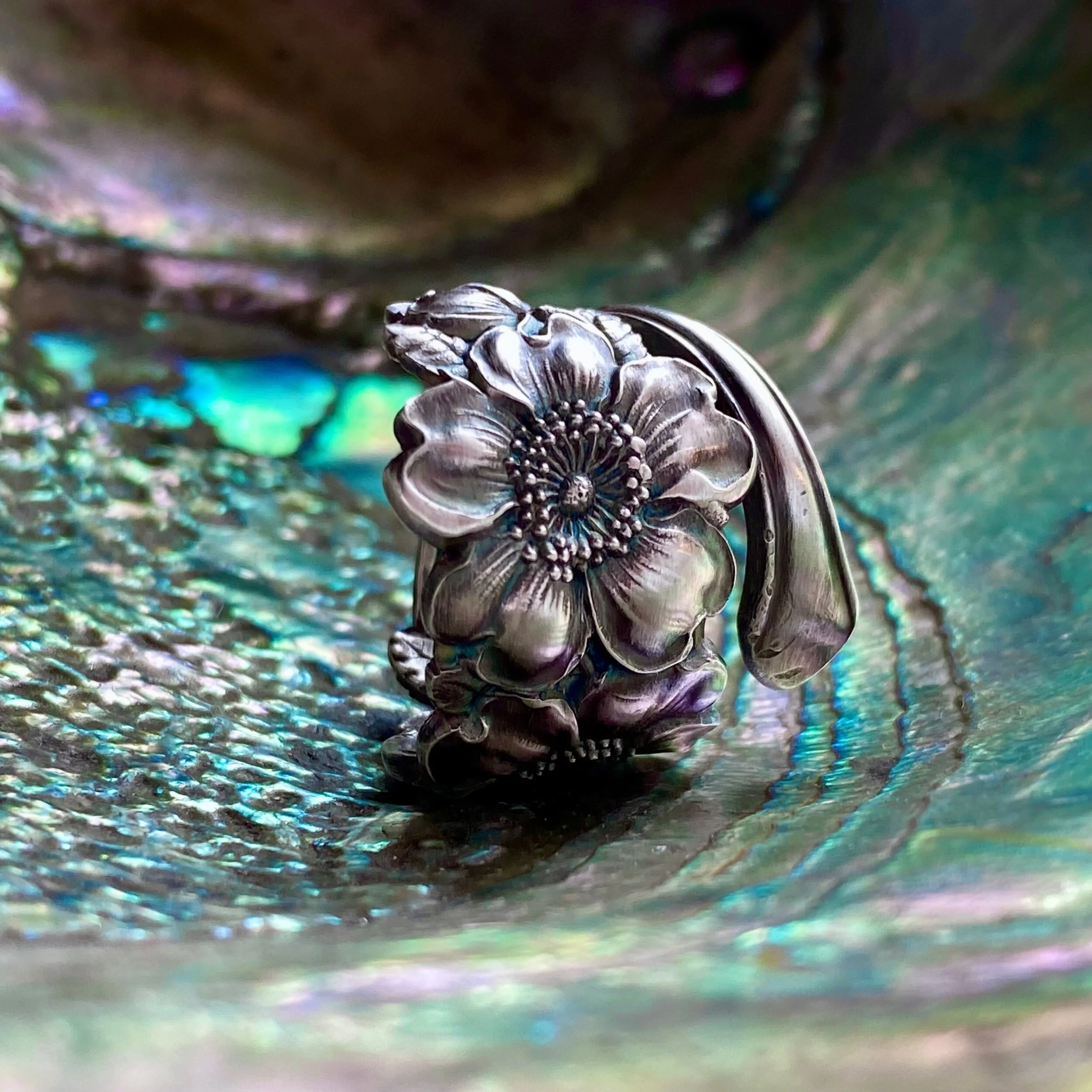 1900 Double Wild Rose Sterling Spoon Ring - LadyForge Jewelry