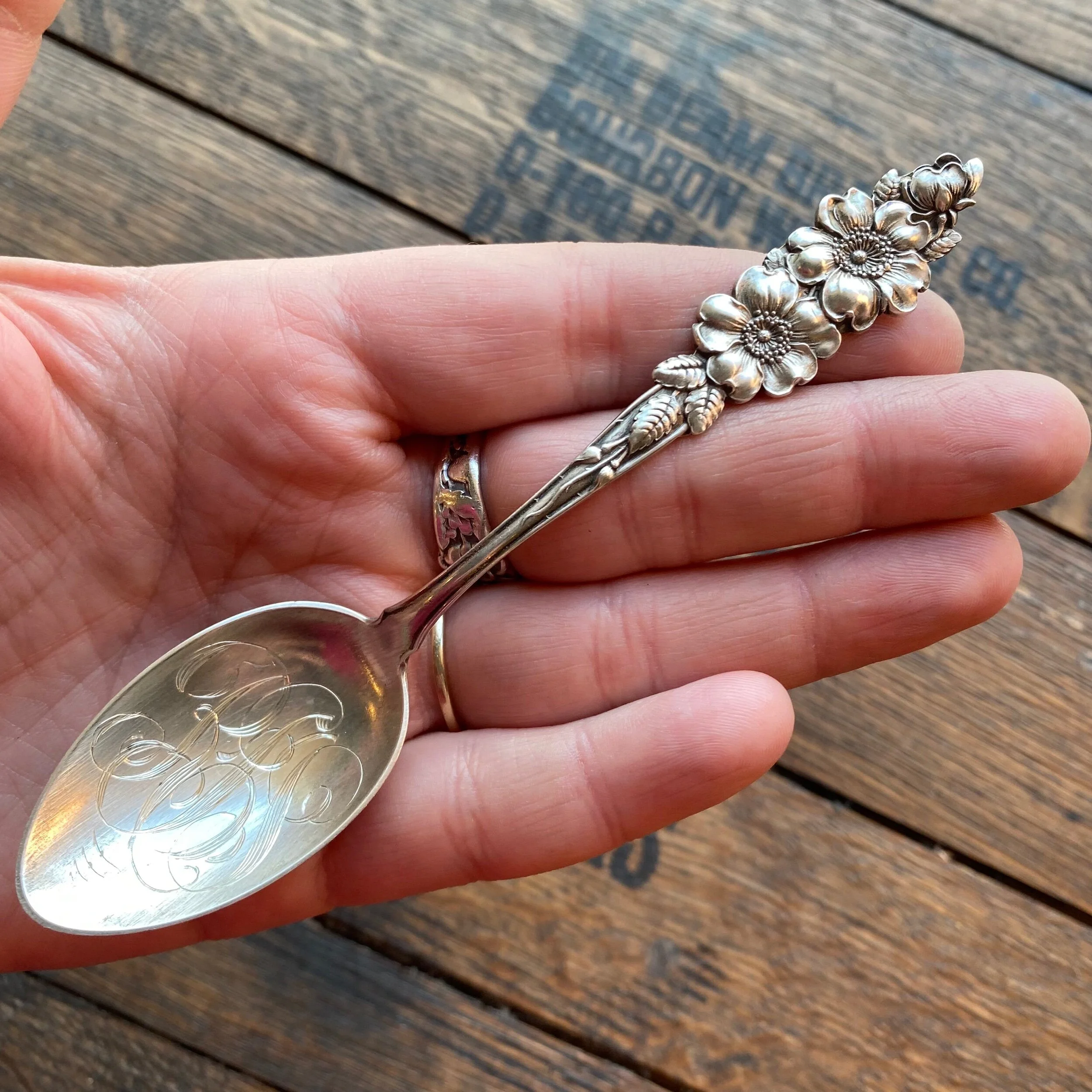1900 Double Wild Rose Sterling Spoon Ring - LadyForge Jewelry