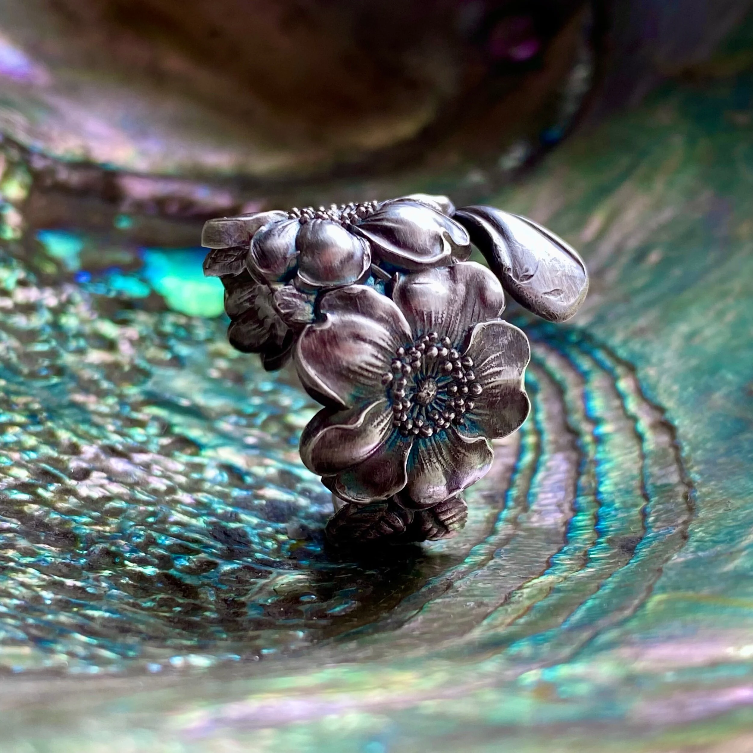 1900 Double Wild Rose Sterling Spoon Ring - LadyForge Jewelry