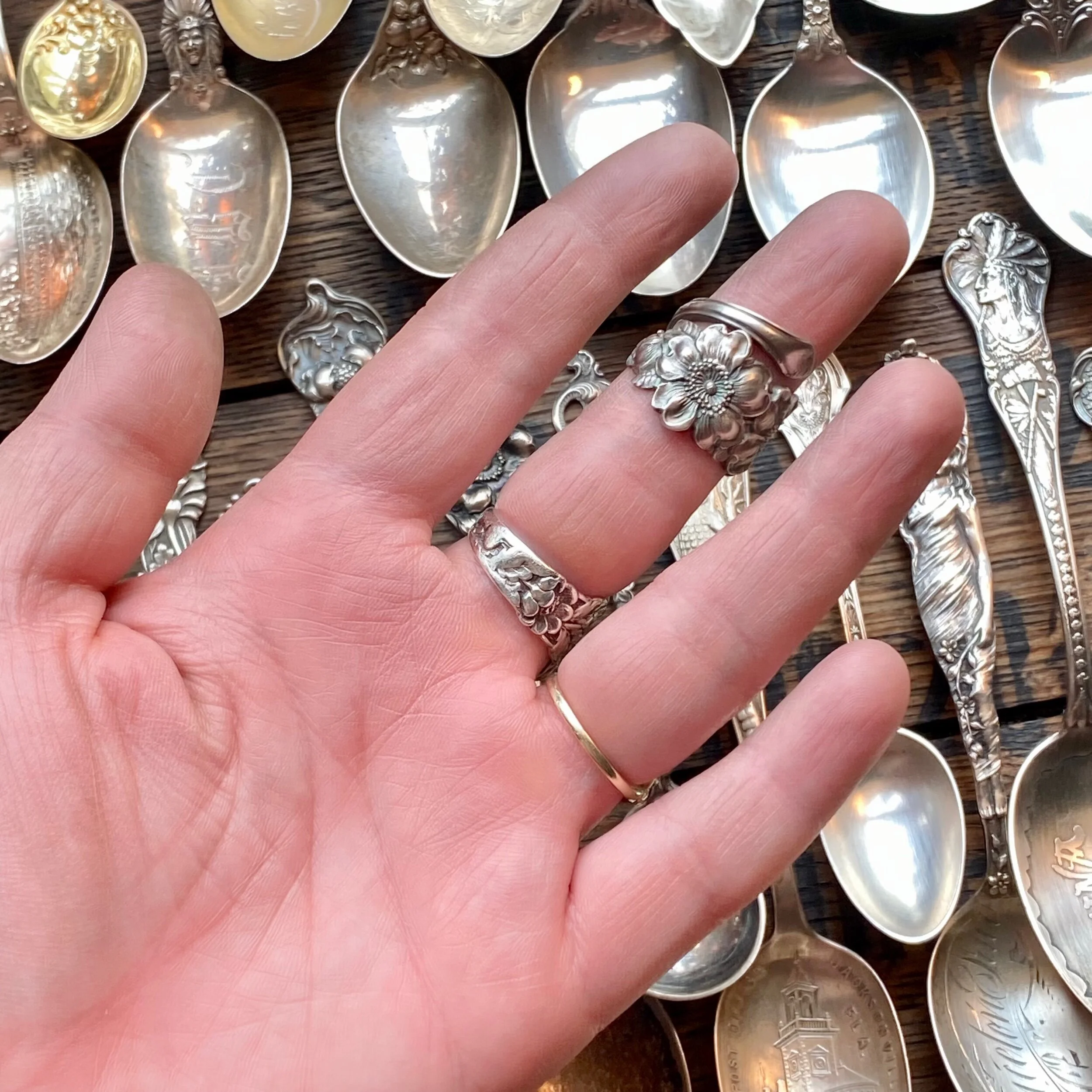 1900 Double Wild Rose Sterling Spoon Ring - LadyForge Jewelry