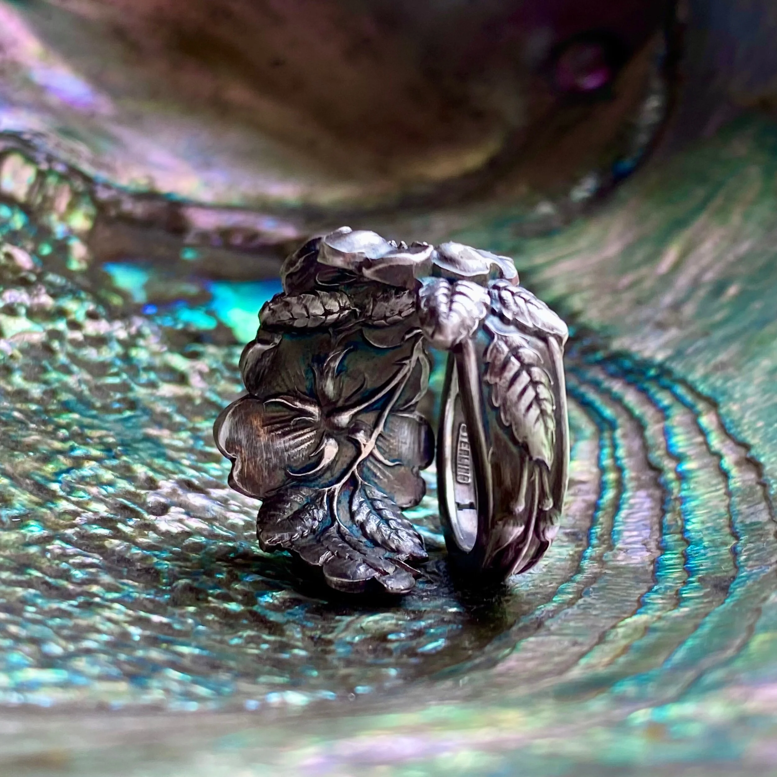 1900 Double Wild Rose Sterling Spoon Ring - LadyForge Jewelry