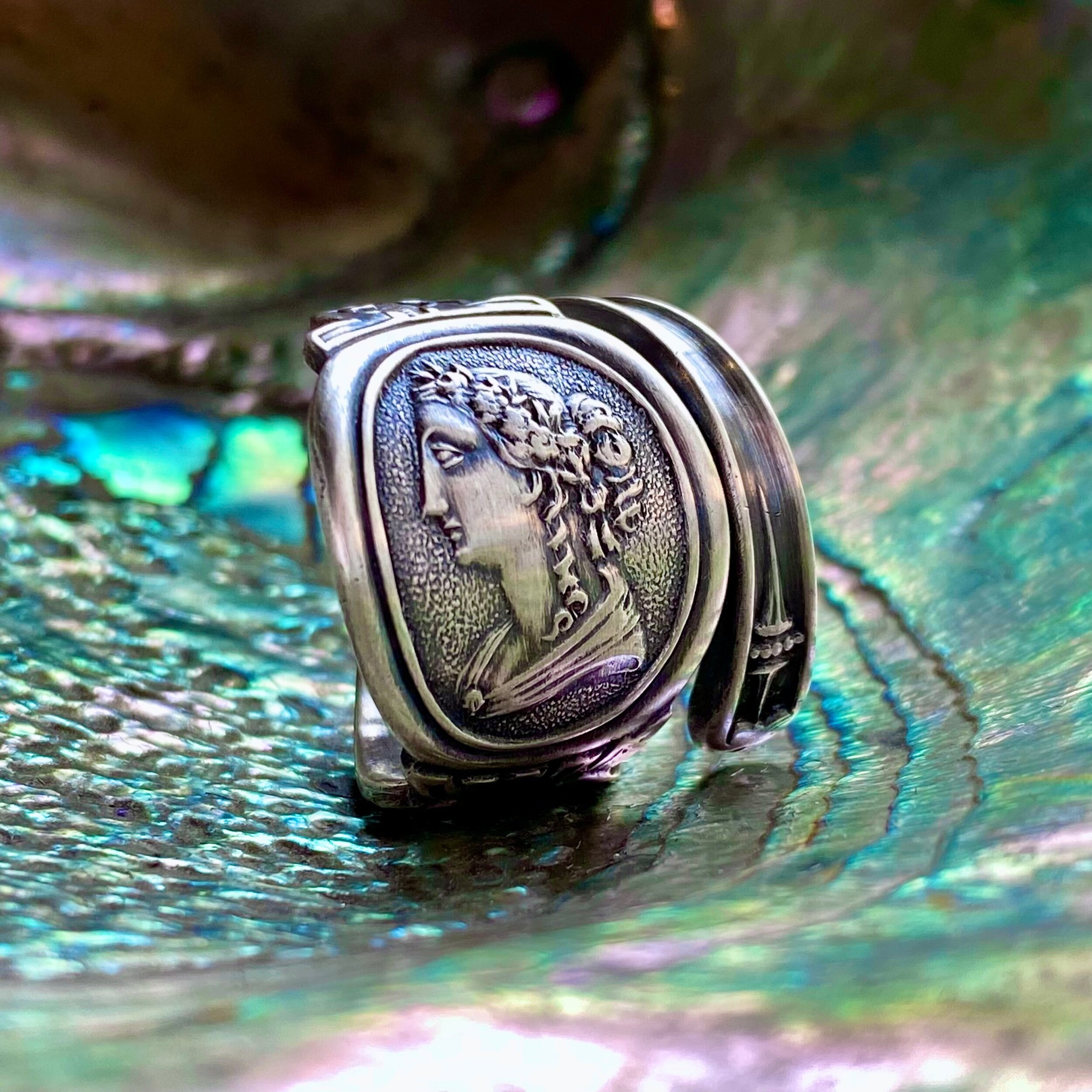 1812 Sheffield Medallion Sterling Spoon Ring - LadyForge Jewelry