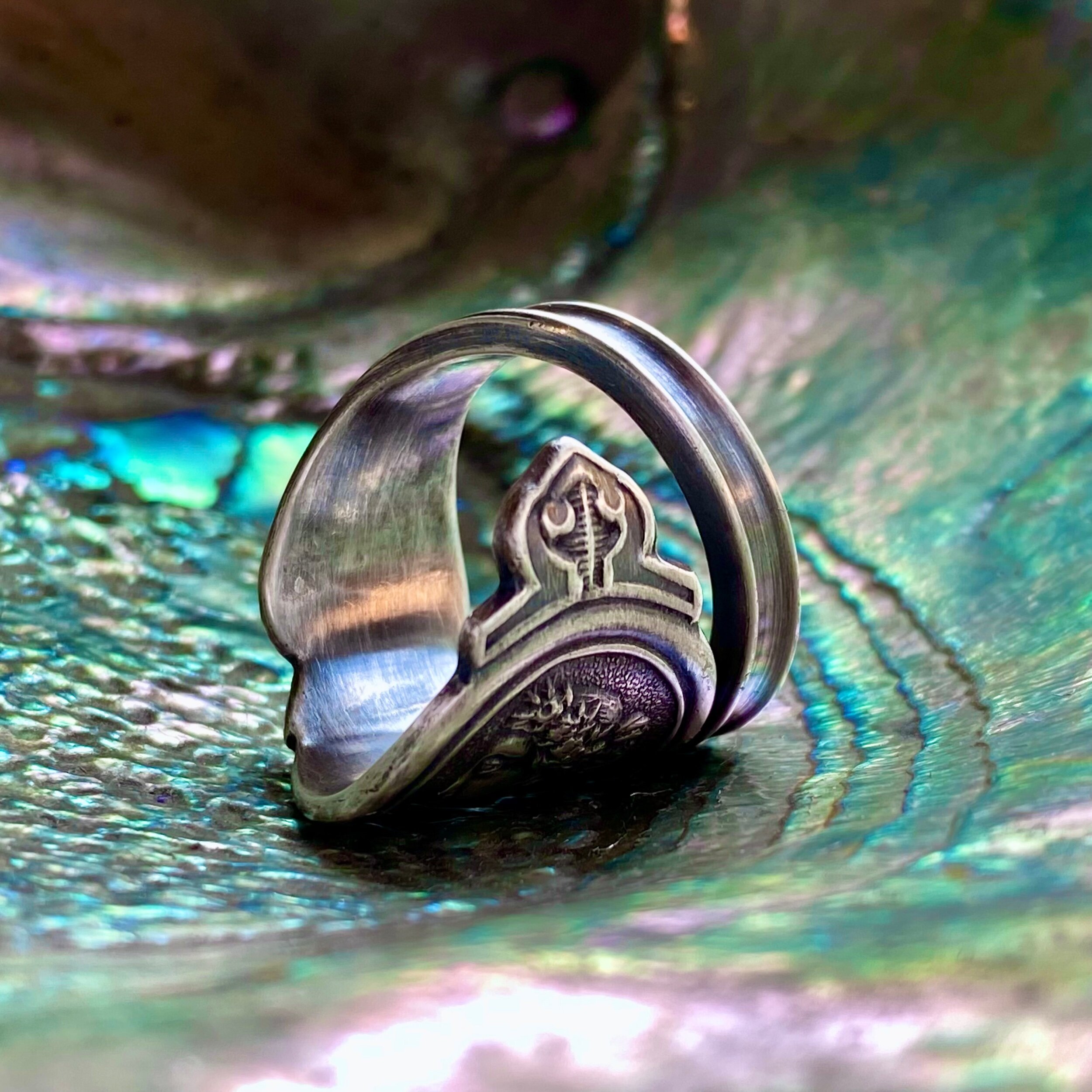 1812 Sheffield Medallion Sterling Spoon Ring - LadyForge Jewelry
