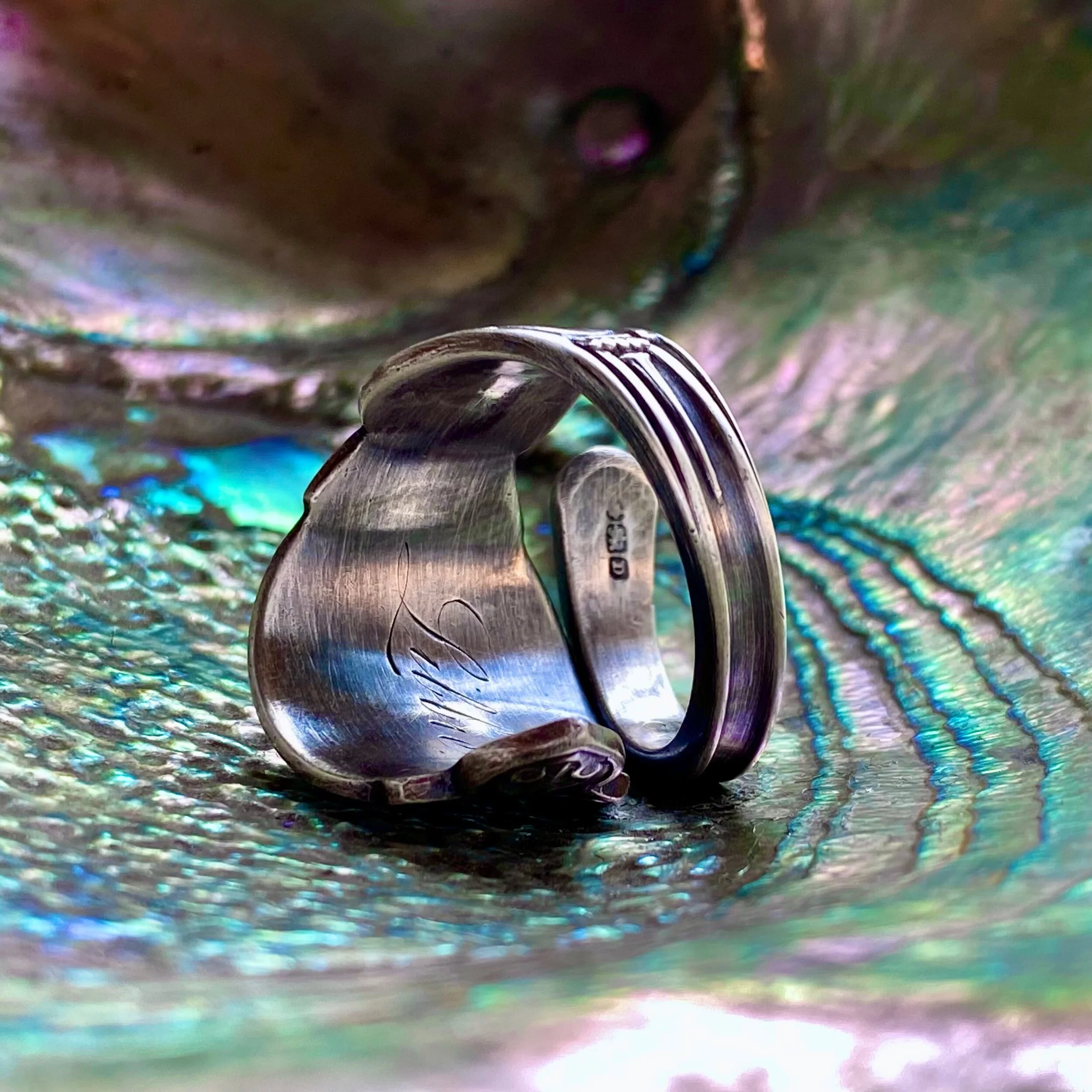 1812 Sheffield Medallion Sterling Spoon Ring - LadyForge Jewelry