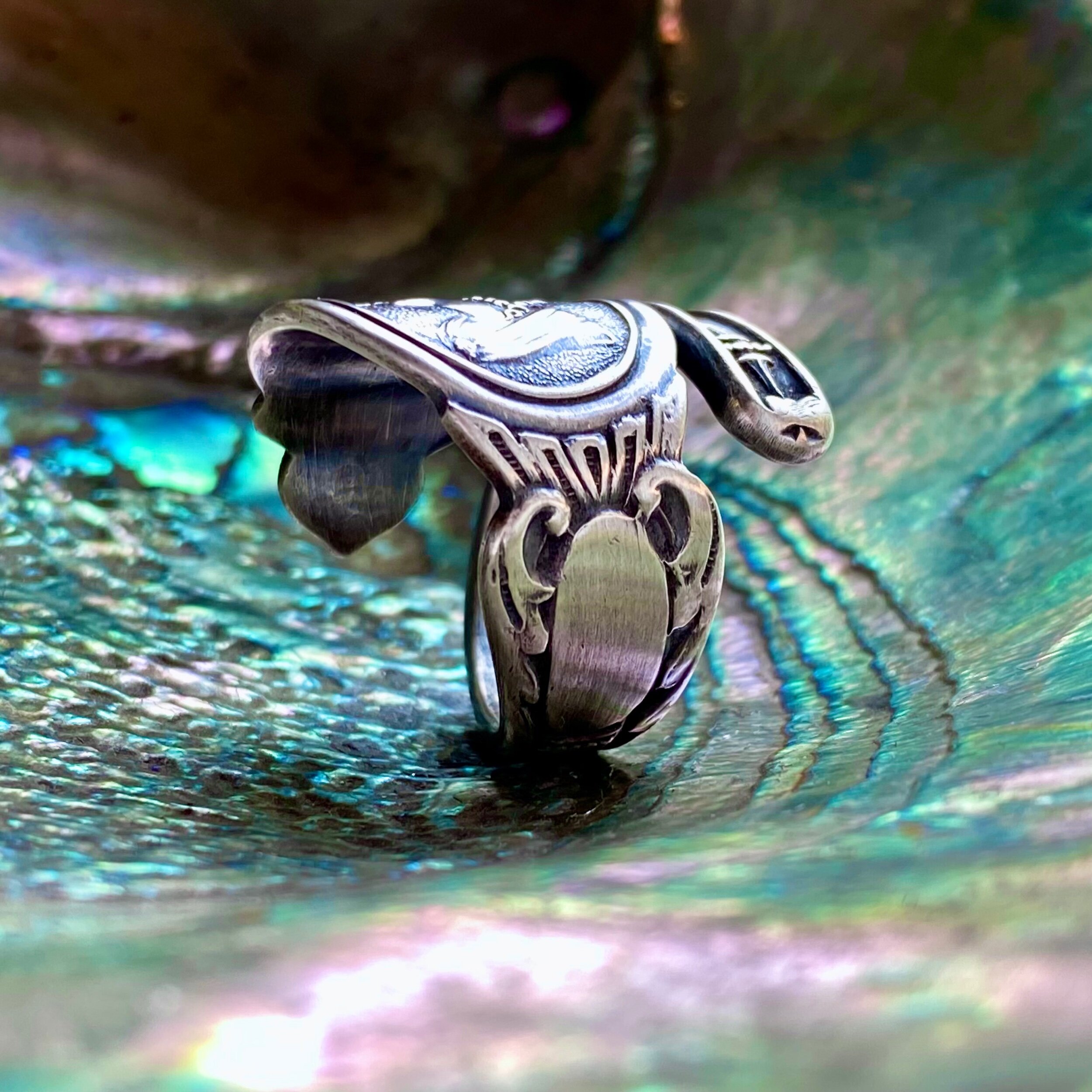 1812 Sheffield Medallion Sterling Spoon Ring - LadyForge Jewelry