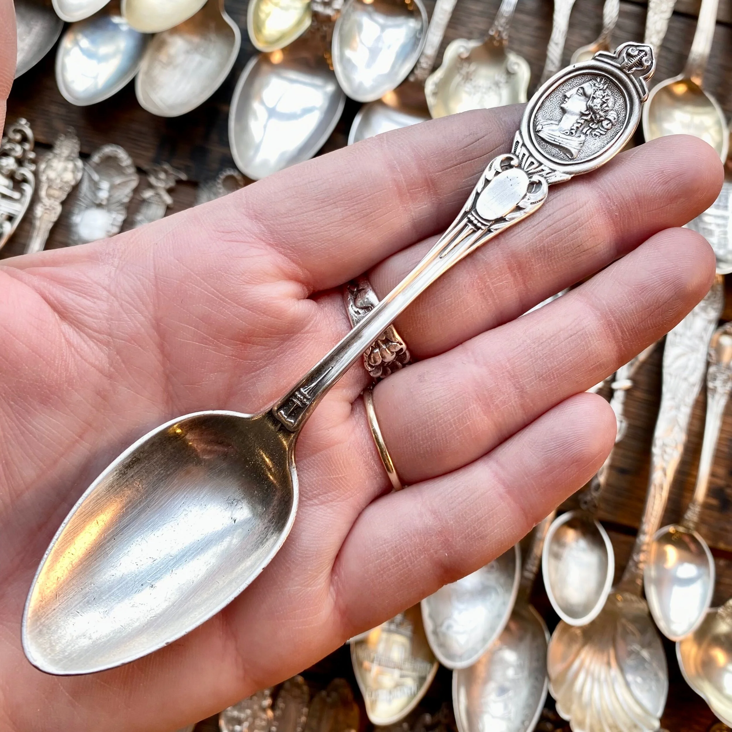 1812 Sheffield Medallion Sterling Spoon Ring - LadyForge Jewelry