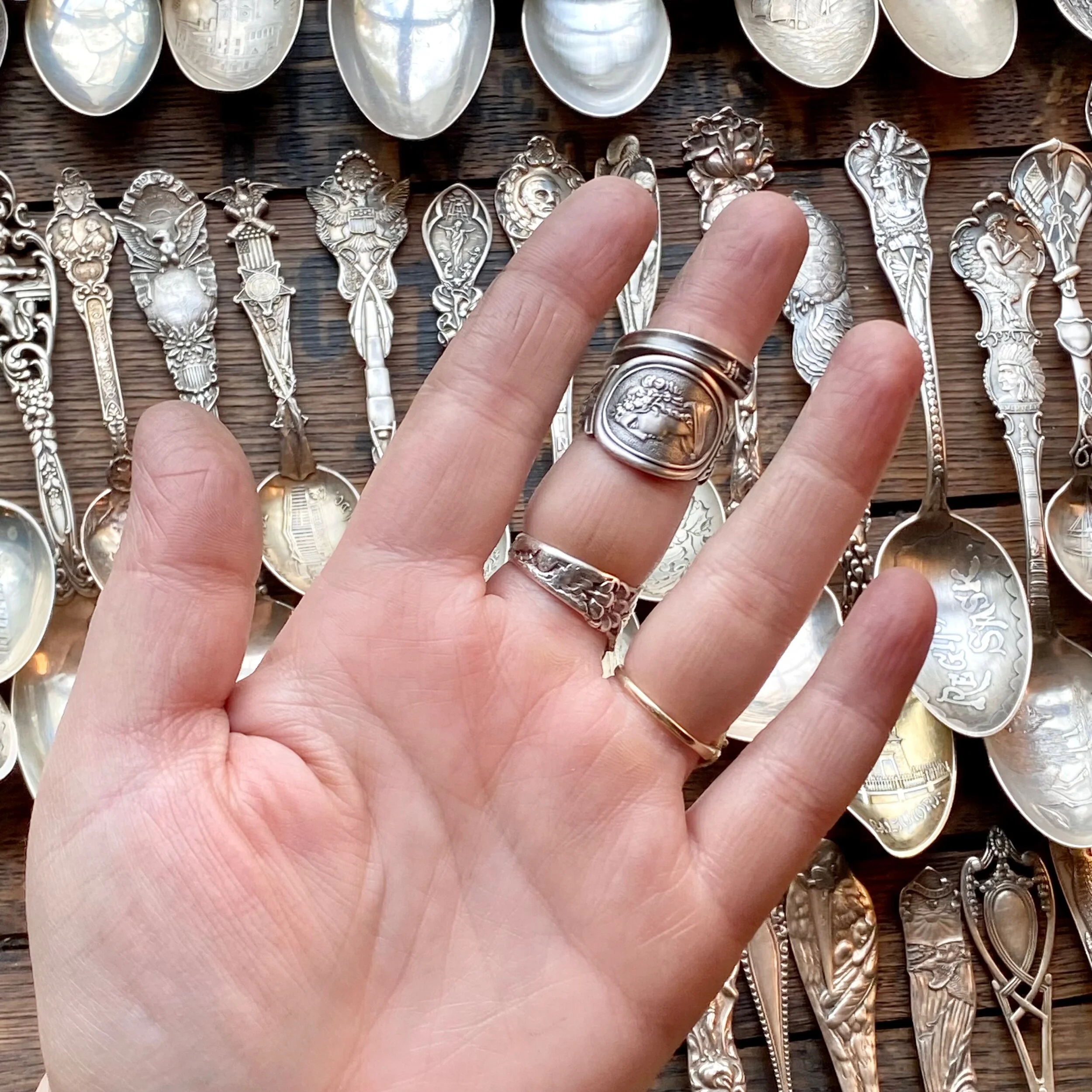 1812 Sheffield Medallion Sterling Spoon Ring - LadyForge Jewelry