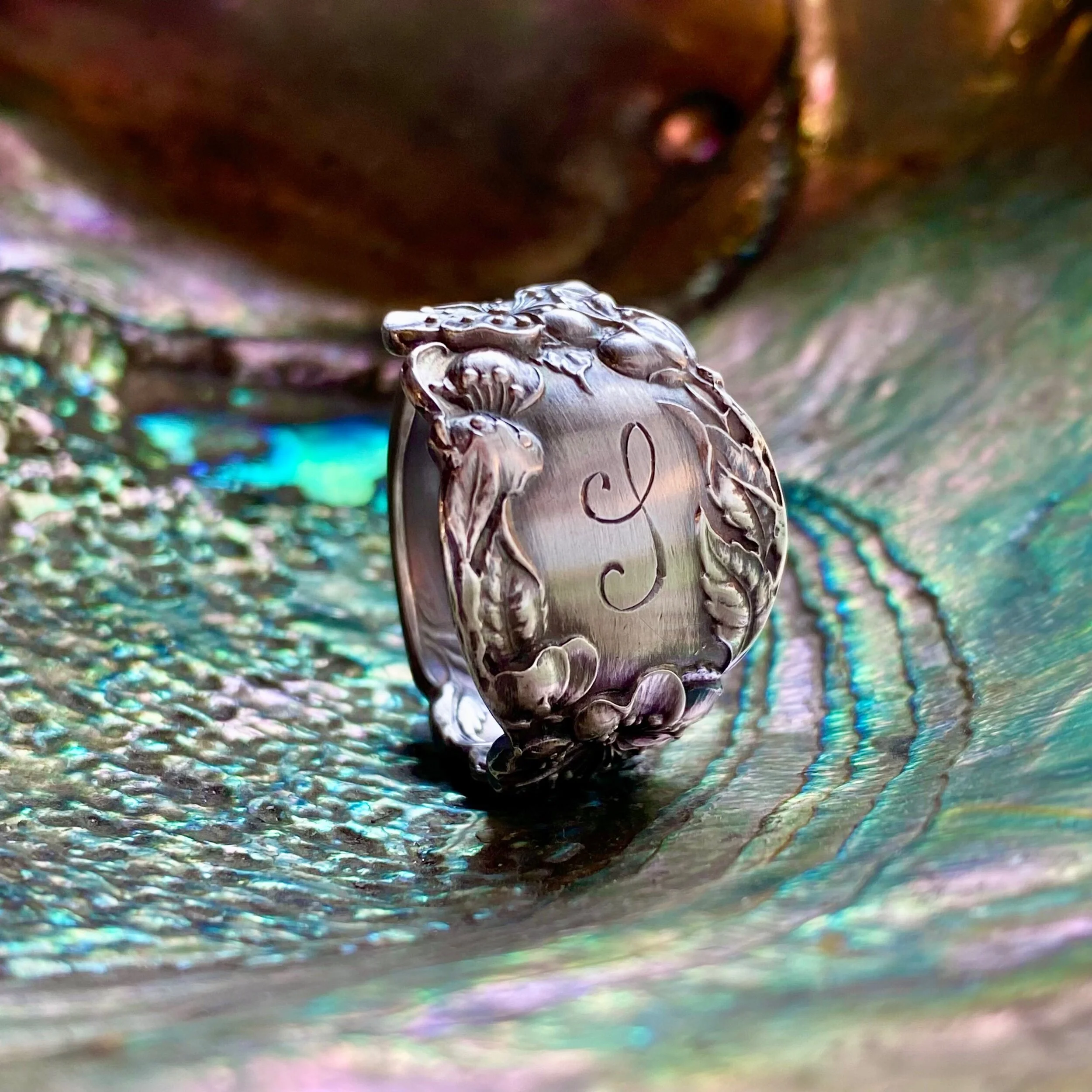 1905 Wild Roses Monogram S/L Sterling Spoon Ring - LadyForge Jewelry