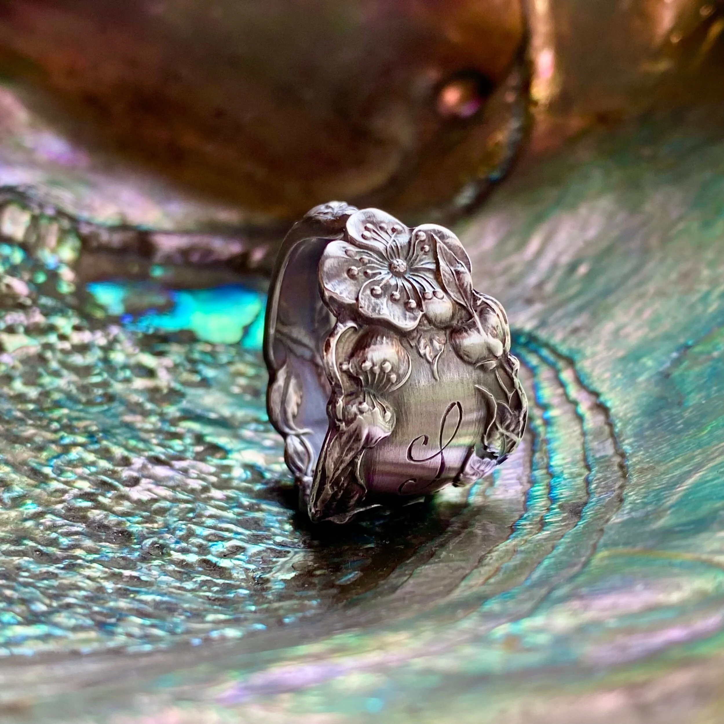 1905 Wild Roses Monogram S/L Sterling Spoon Ring - LadyForge Jewelry