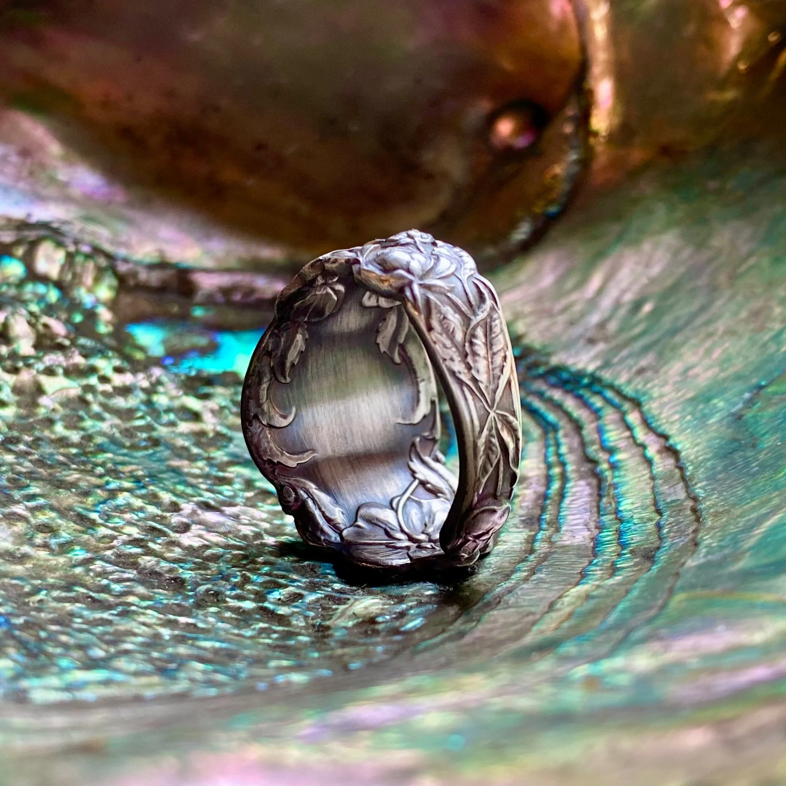 1905 Wild Roses Monogram S/L Sterling Spoon Ring - LadyForge Jewelry