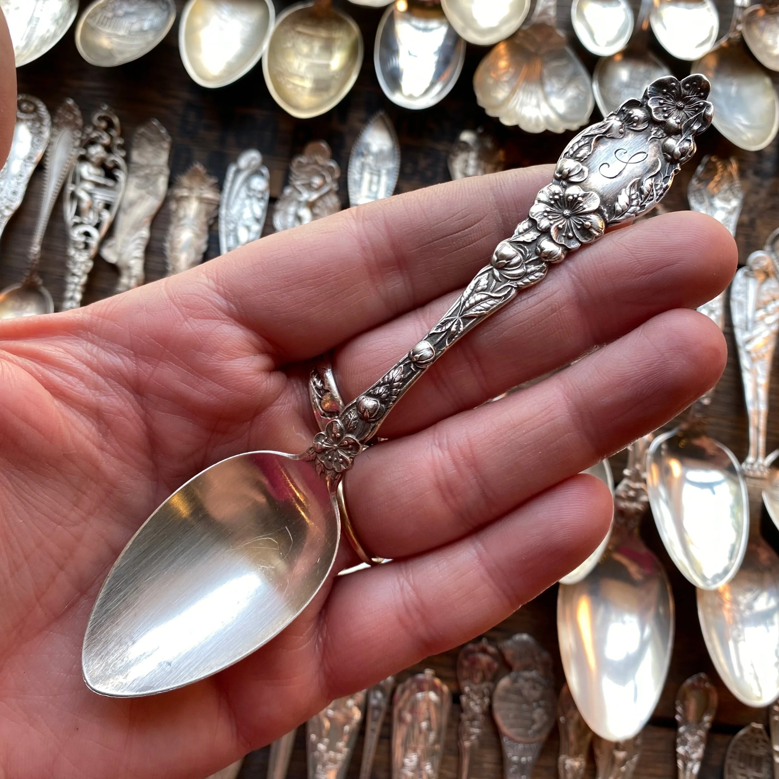 1905 Wild Roses Monogram S/L Sterling Spoon Ring - LadyForge Jewelry