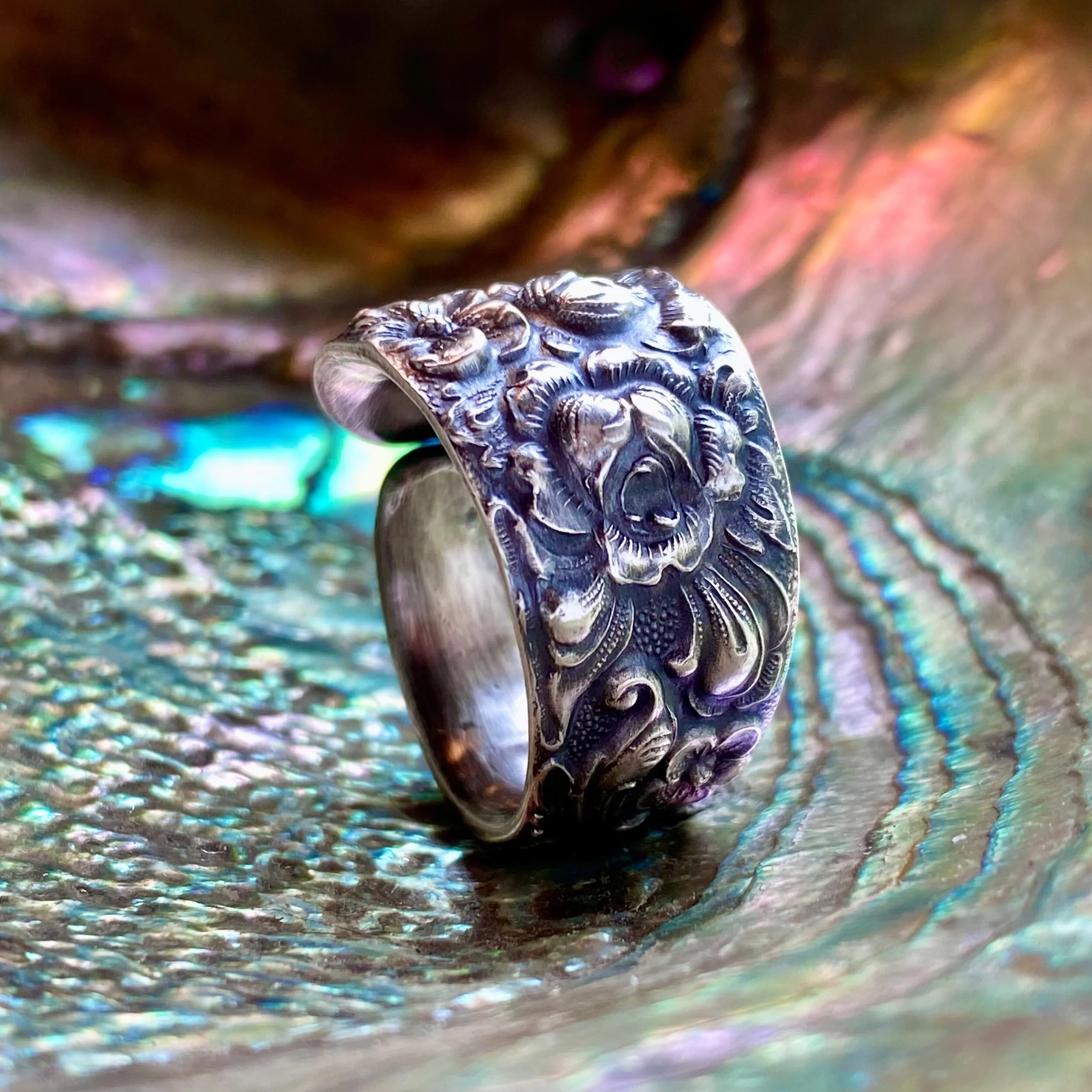 1892 Stieff Rose (Version A) Sterling Spoon Ring - LadyForge Jewelry
