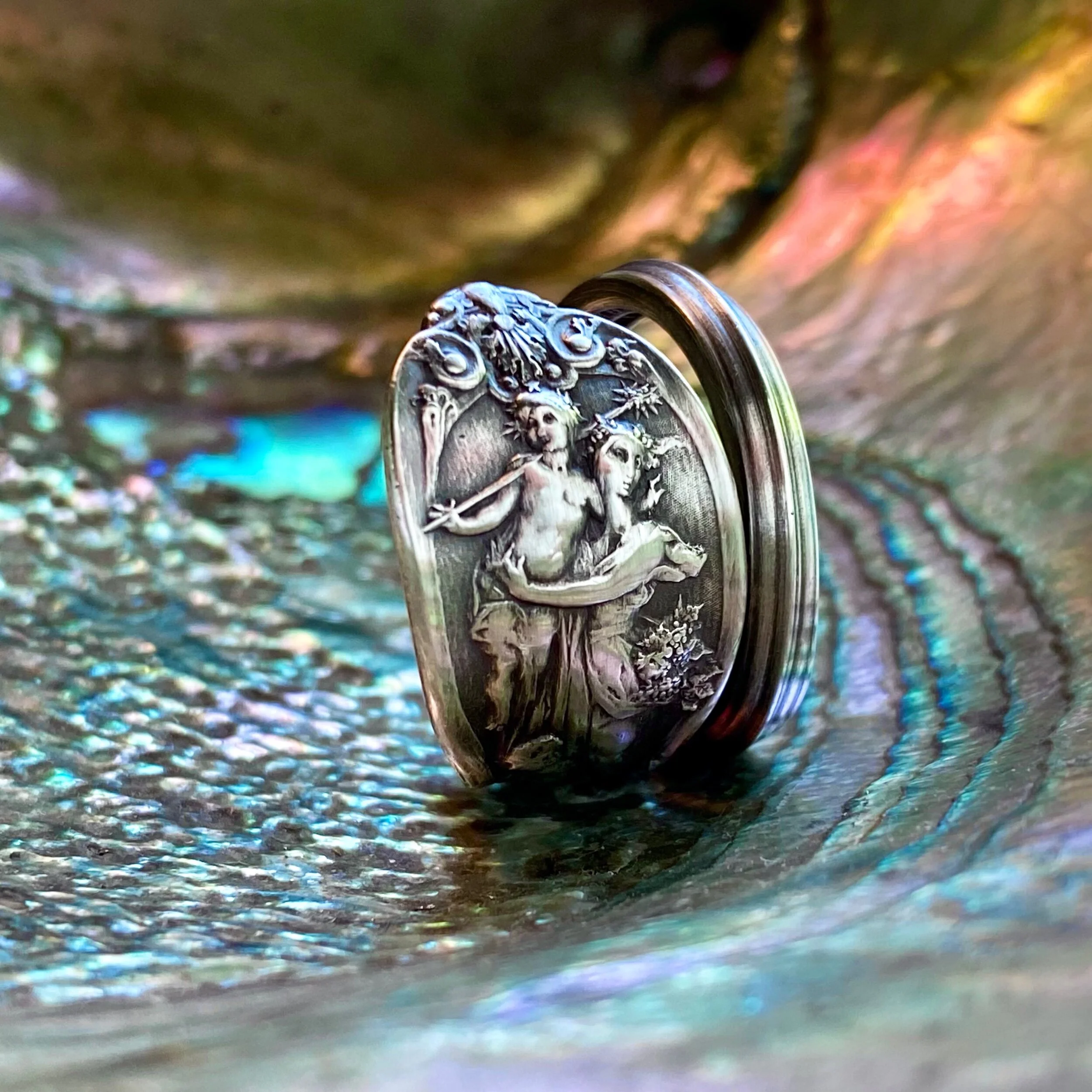 1895 Childhood of Bacchus Sterling Spoon Ring - LadyForge Jewelry