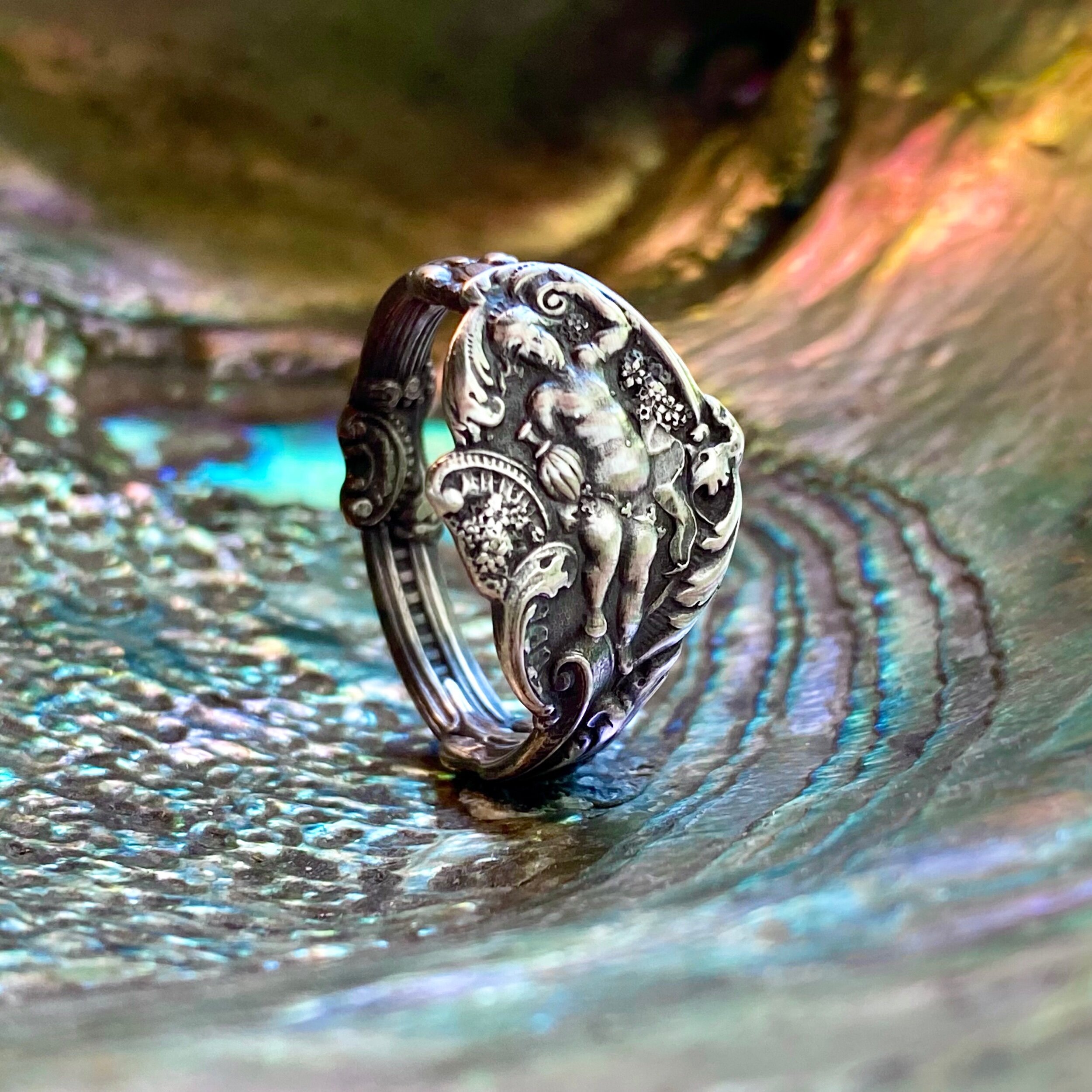 1888 Dainty Versailles Cherub Sterling Spoon Ring - LadyForge Jewelry