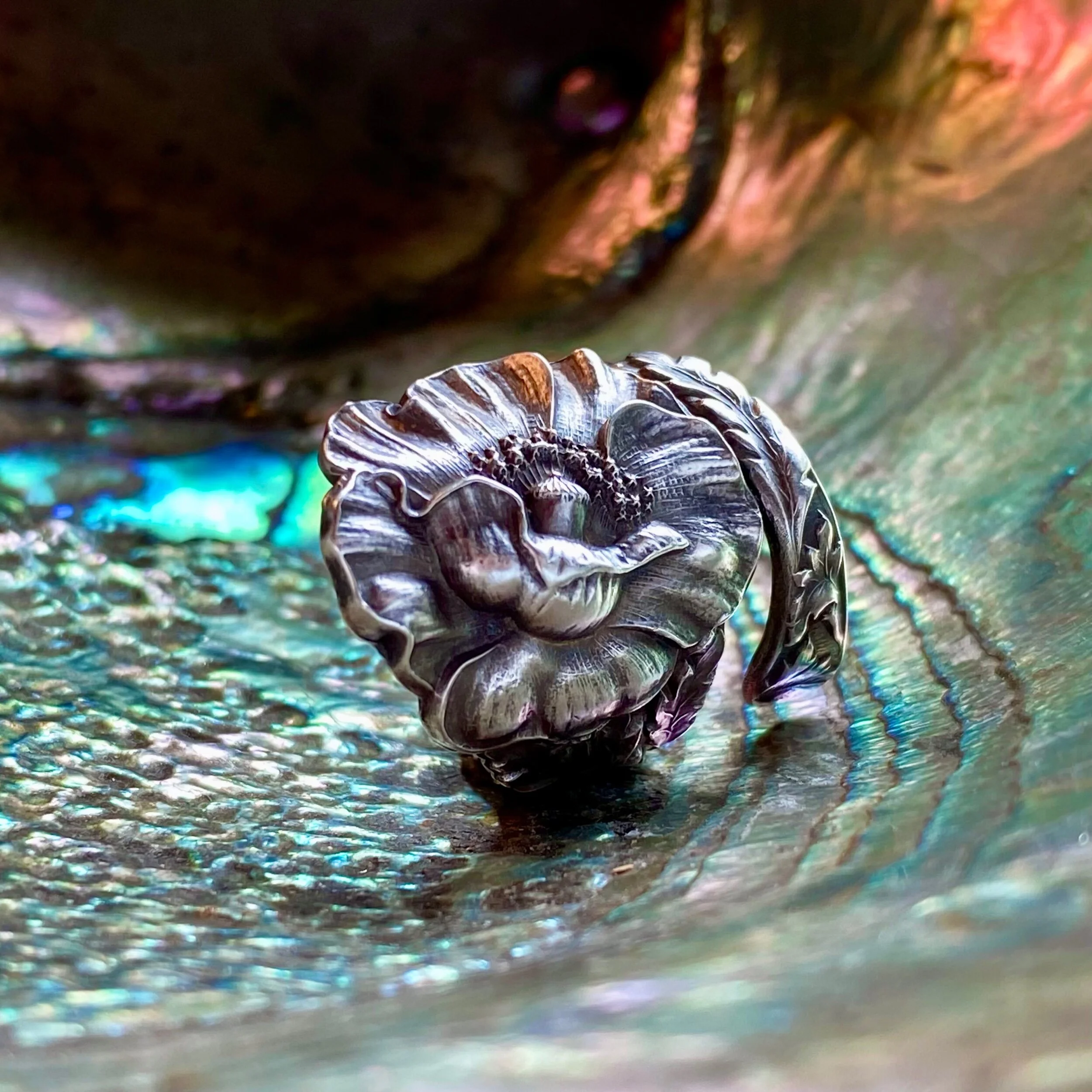 1900 Manchester Poppy Sterling Spoon Ring - LadyForge Jewelry