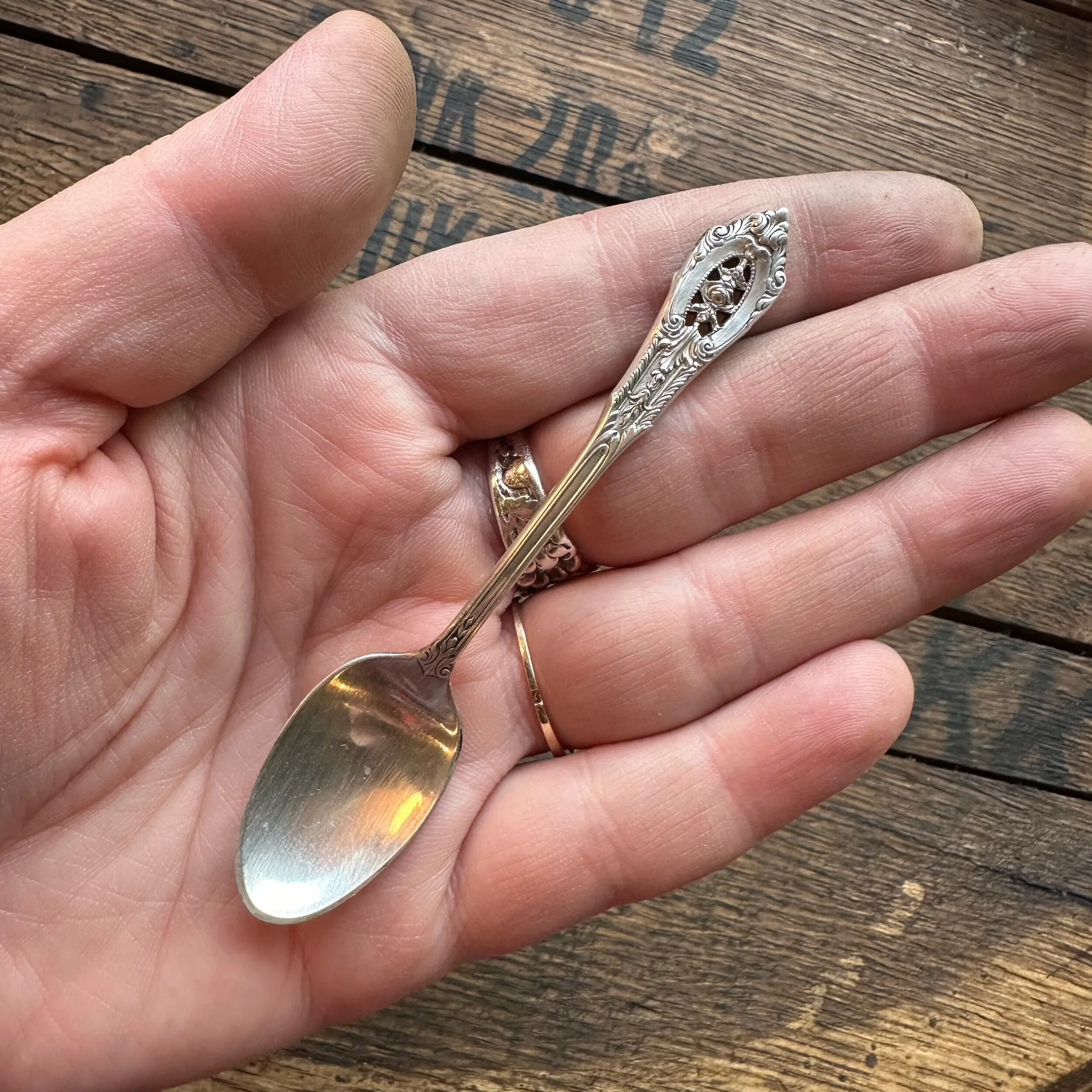 Dainty 1934 Rose Point Sterling Spoon Ring - LadyForge Jewelry