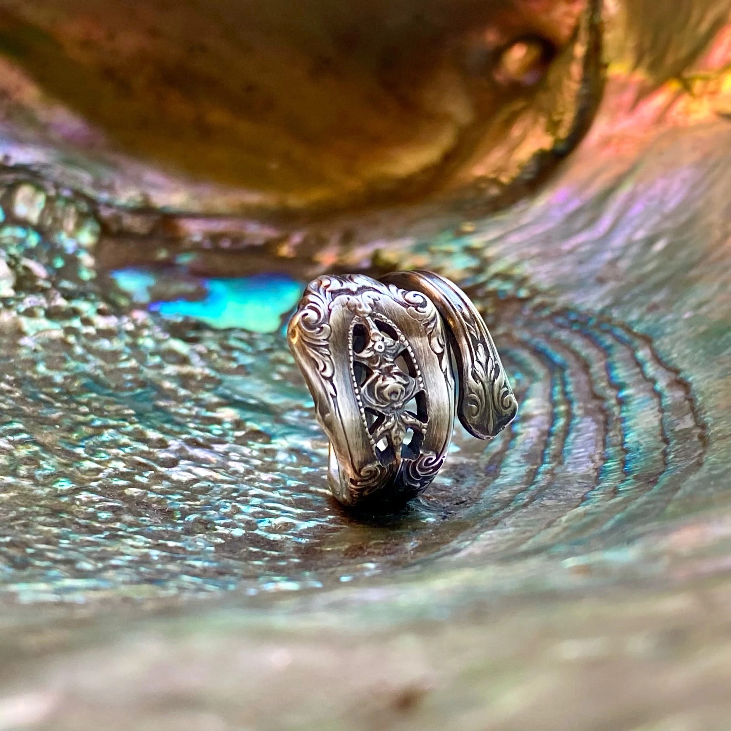 Dainty 1934 Rose Point Sterling Spoon Ring - LadyForge Jewelry