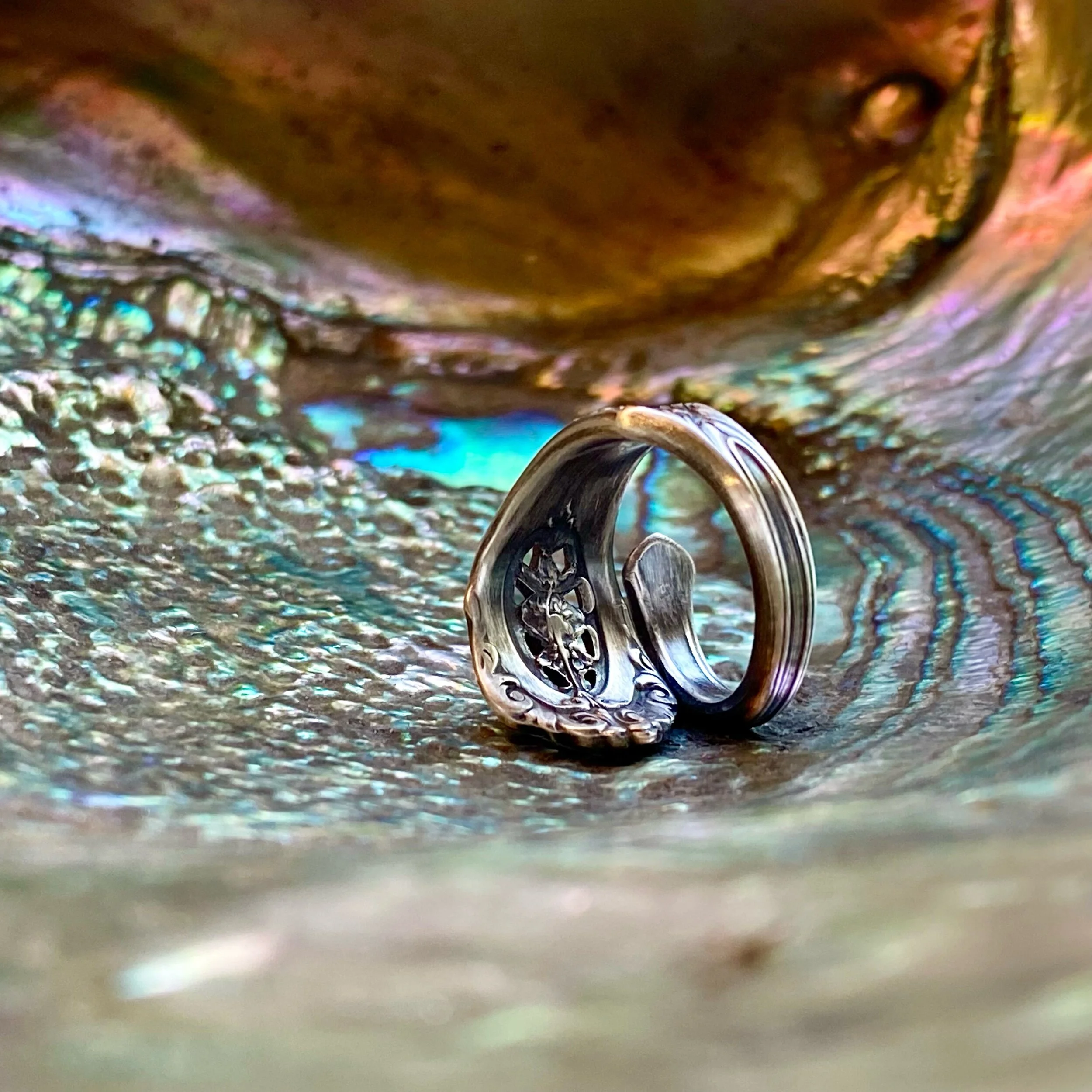 Dainty 1934 Rose Point Sterling Spoon Ring - LadyForge Jewelry