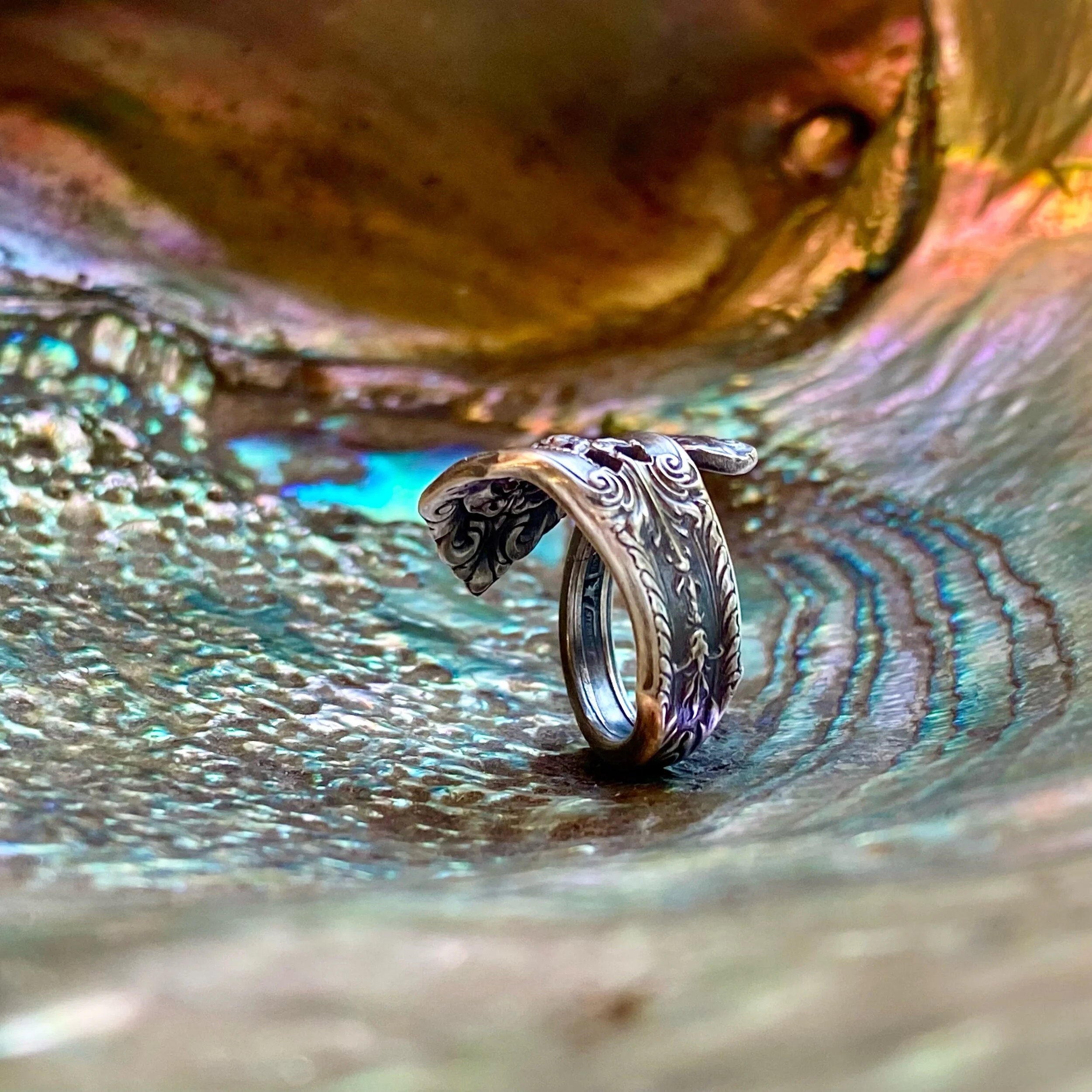 Dainty 1934 Rose Point Sterling Spoon Ring - LadyForge Jewelry