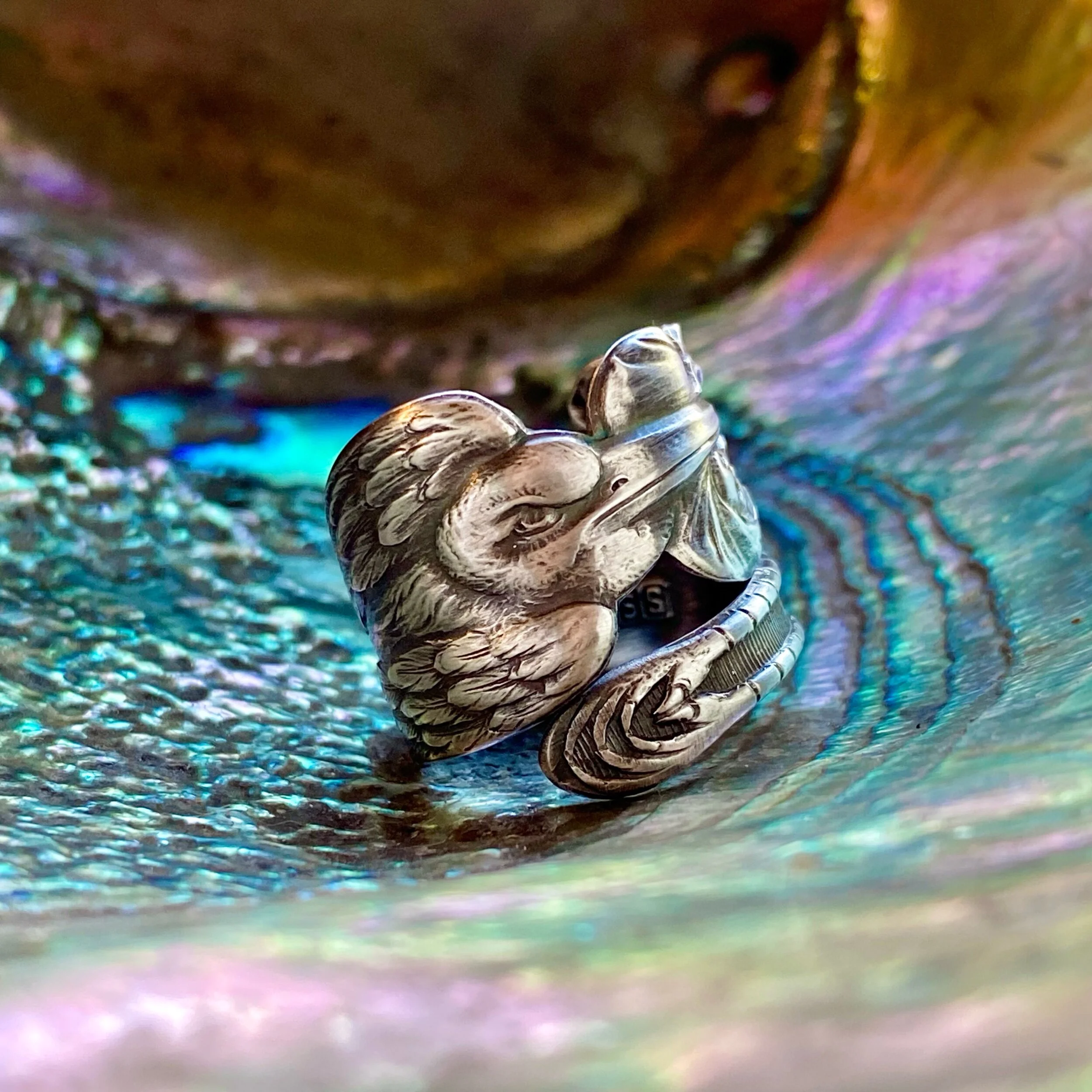 Stork and Baby Sterling Spoon Ring - LadyForge Jewelry