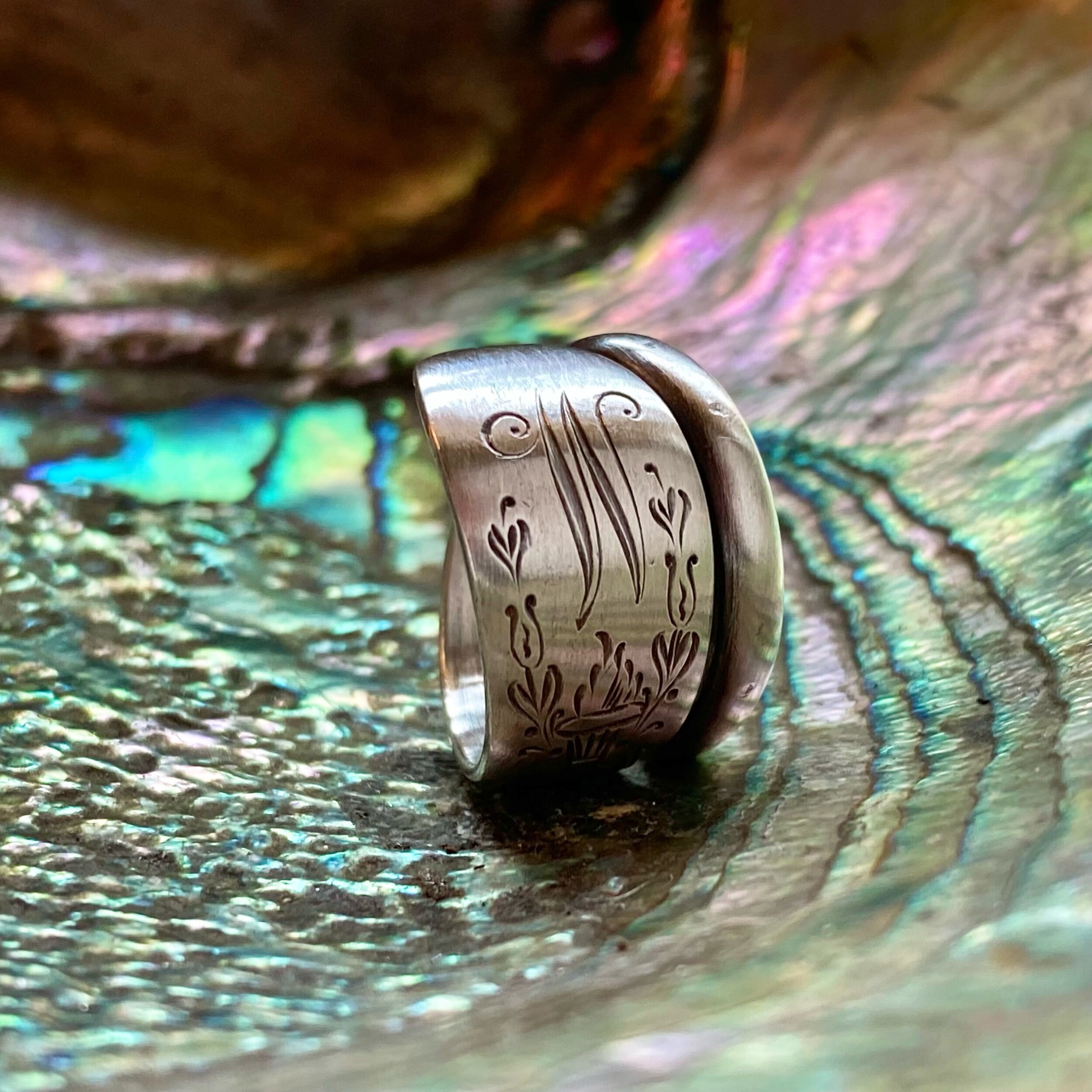 1910 Priscilla Monogram W Sterling Spoon Ring - LadyForge Jewelry