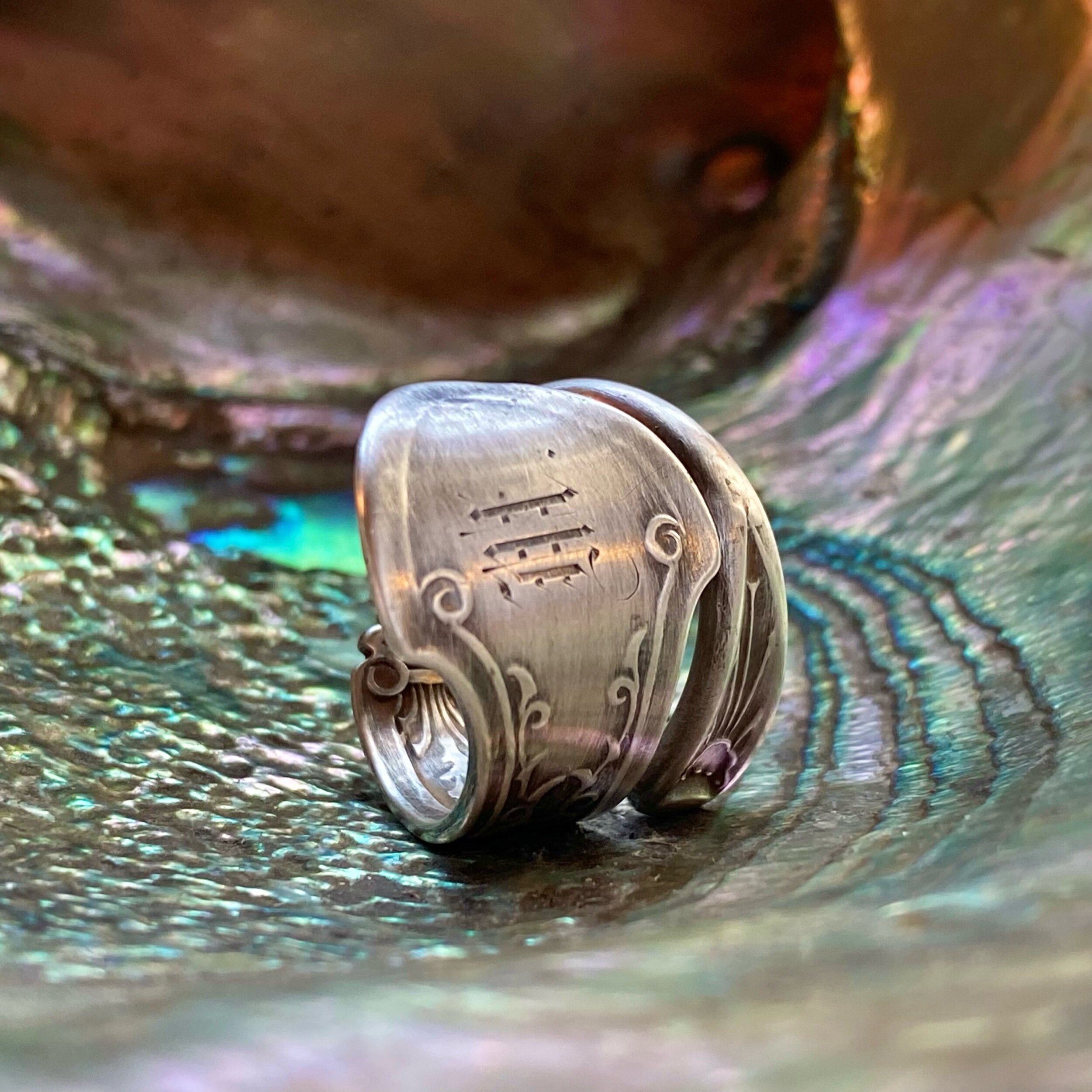 1872 Monogram M - Corinthian Sterling Spoon Ring - LadyForge Jewelry