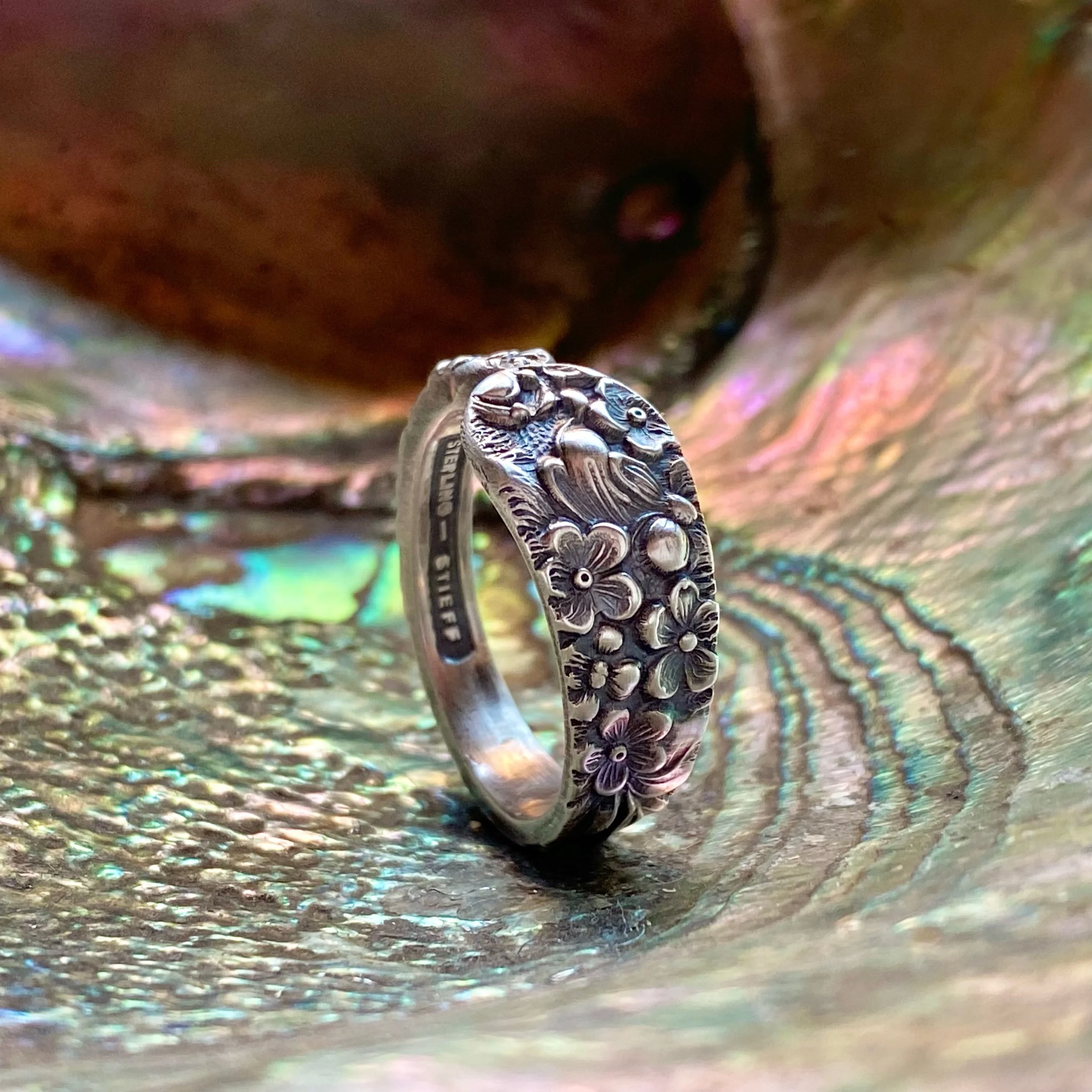 Narrow 1892 Rose Sterling Spoon Ring - LadyForge Jewelry