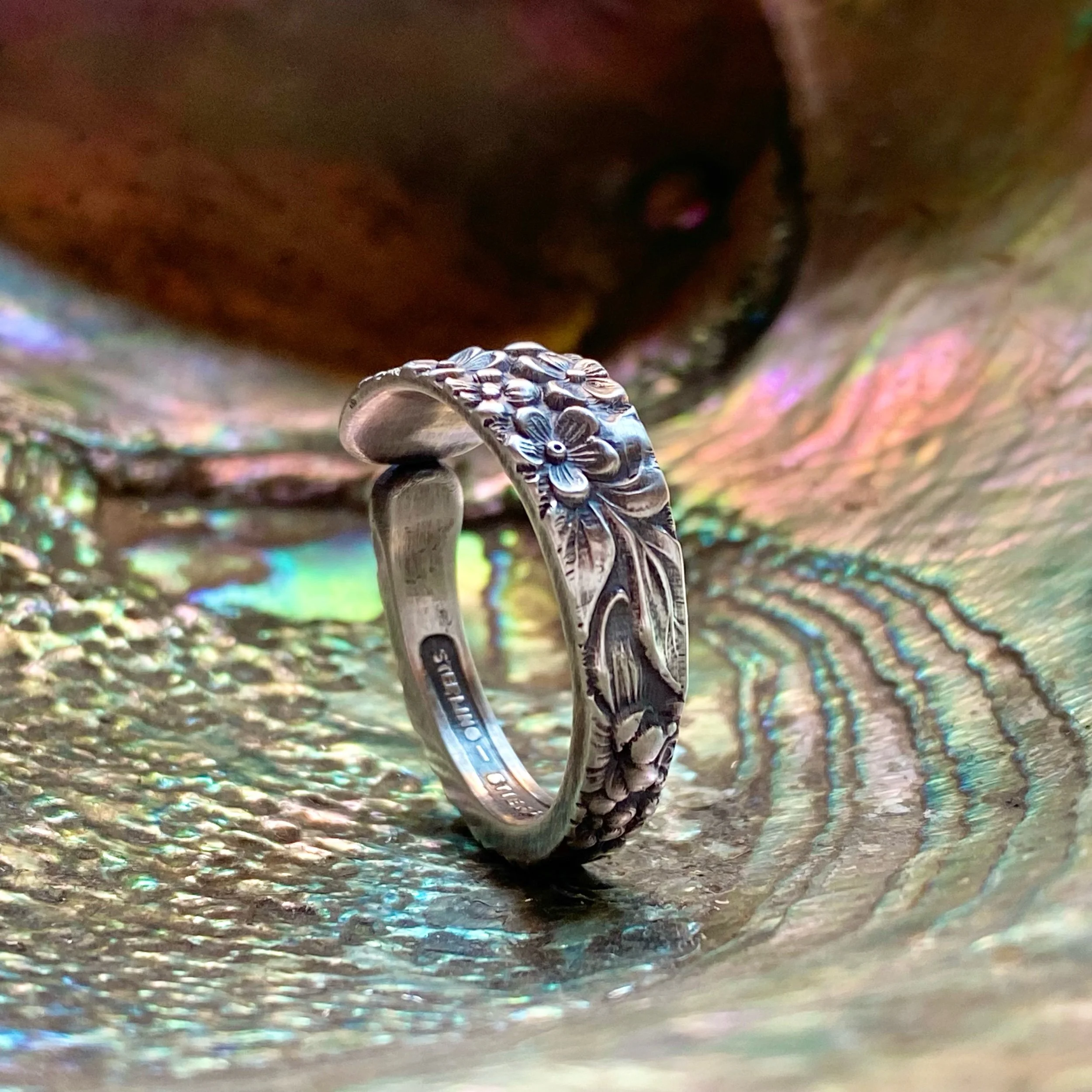 Narrow 1892 Rose Sterling Spoon Ring - LadyForge Jewelry