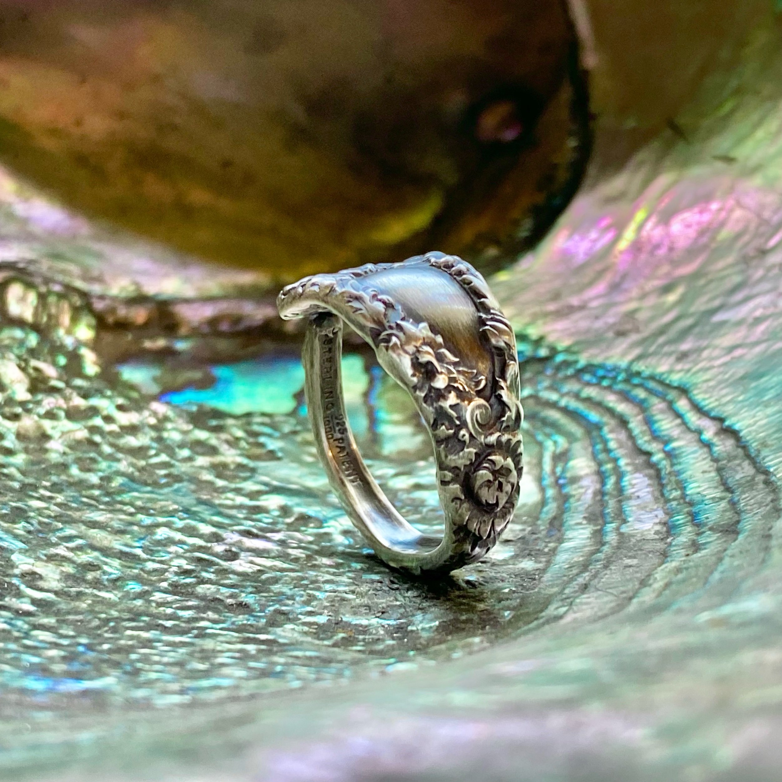 1893 Chrysanthemum Sterling Spoon Ring - LadyForge Jewelry